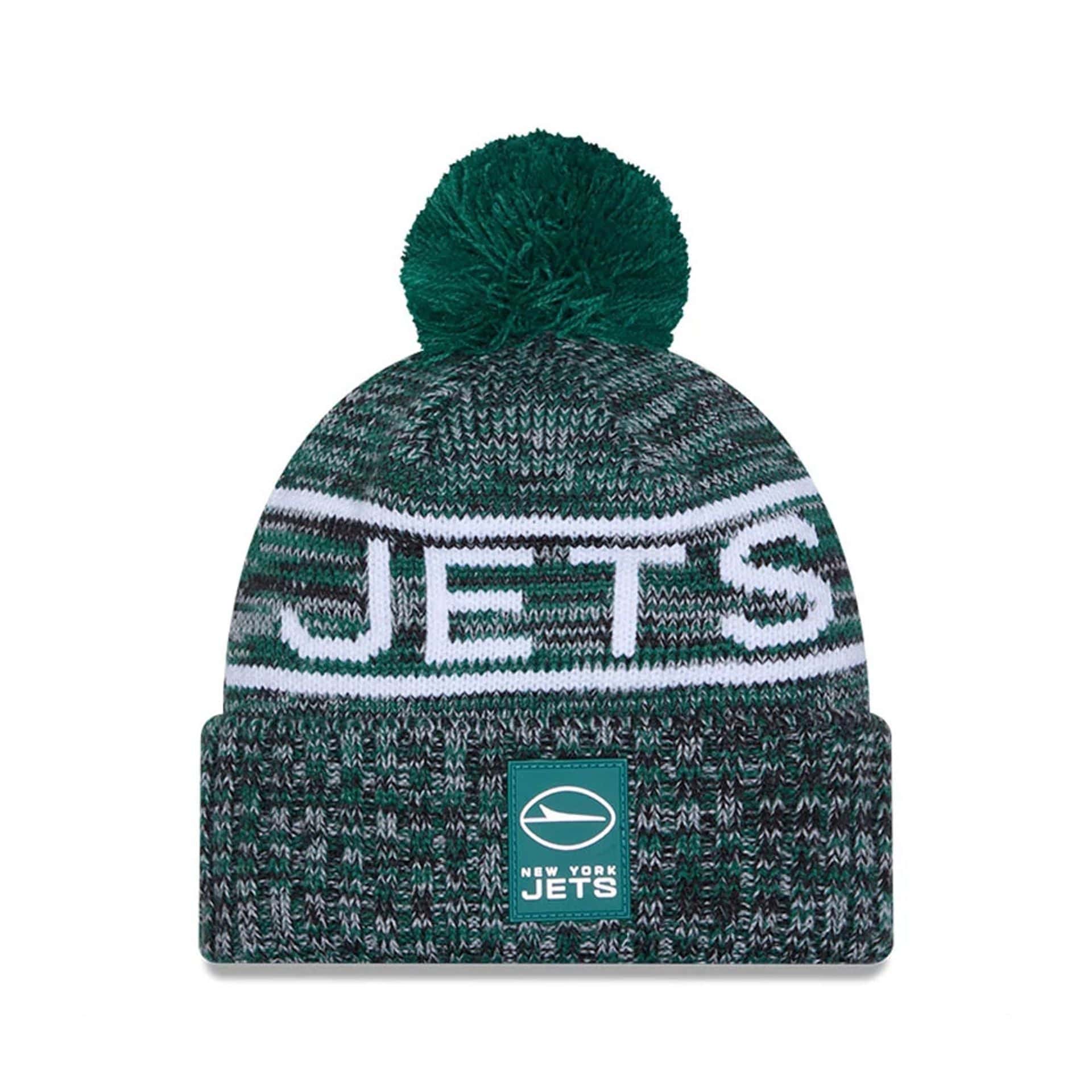 This is a New York Jets NFL Sideline 2025 Green Sport Knit Beanie Hat 1