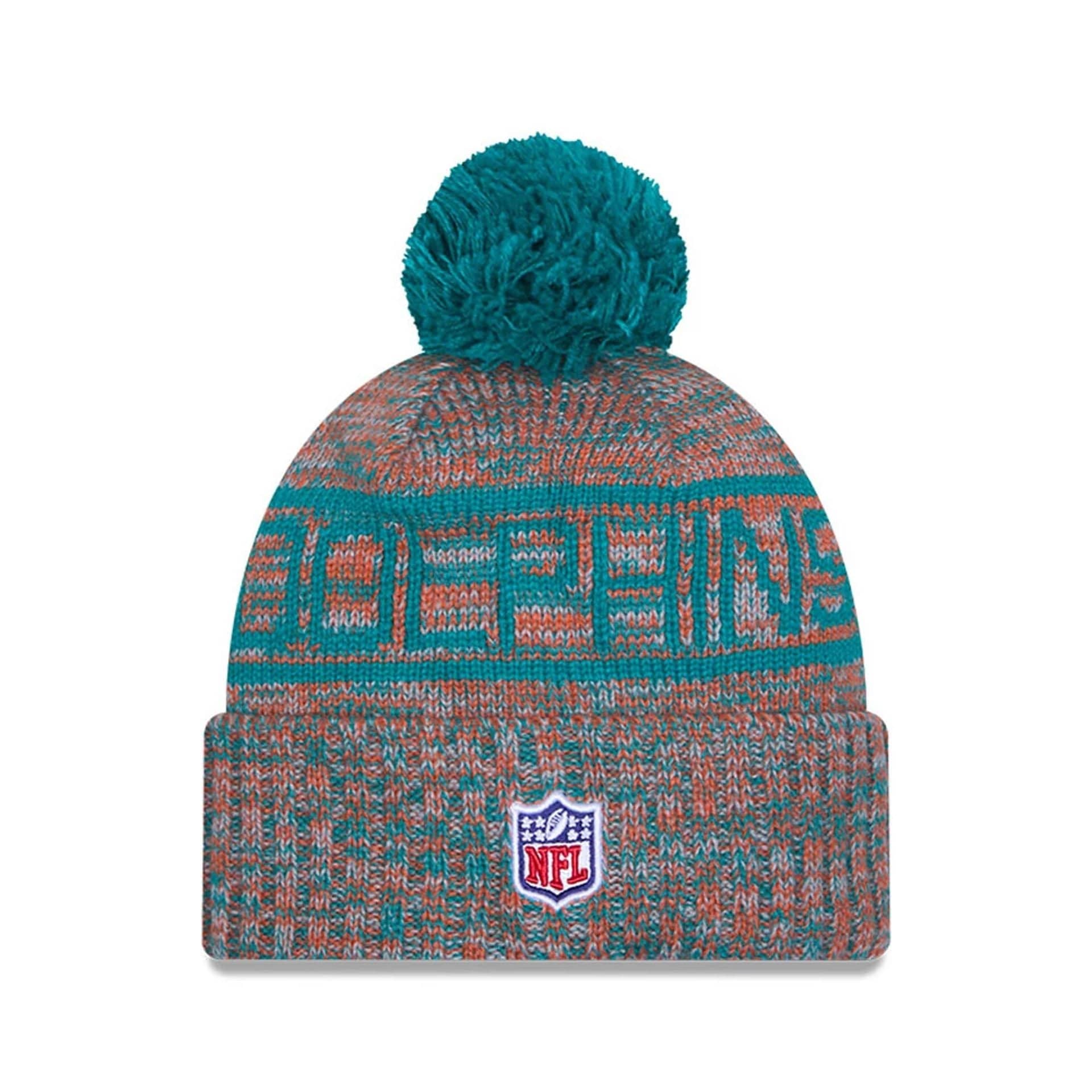 This is a Miami Dolphins NFL Sideline Turquoise Sport Knit Beanie Hat 2