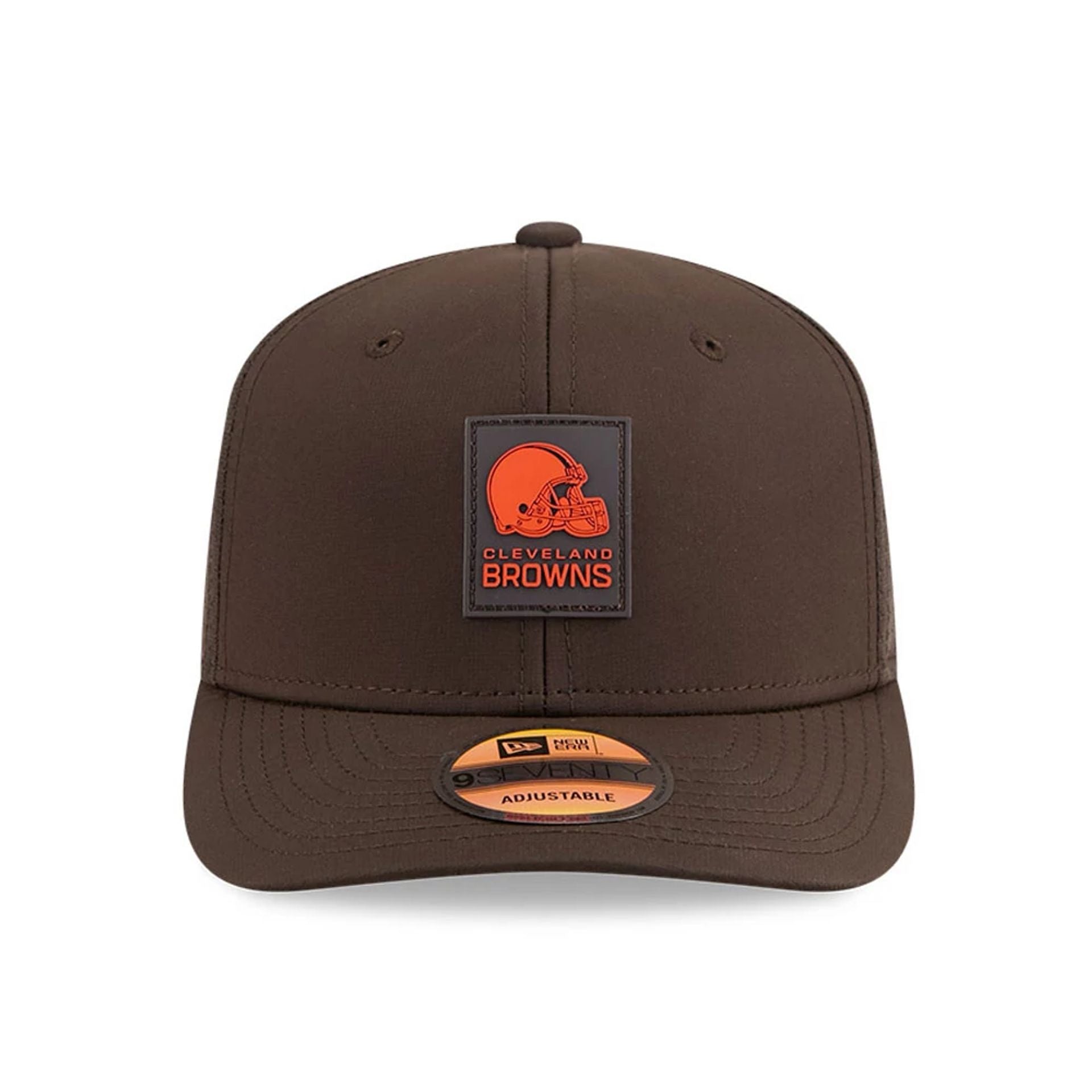 This is a Cleveland Browns NFL Sideline 2025 Dark Brown 9SEVENTY Trucker Stretch Snap Adjustable Cap 2