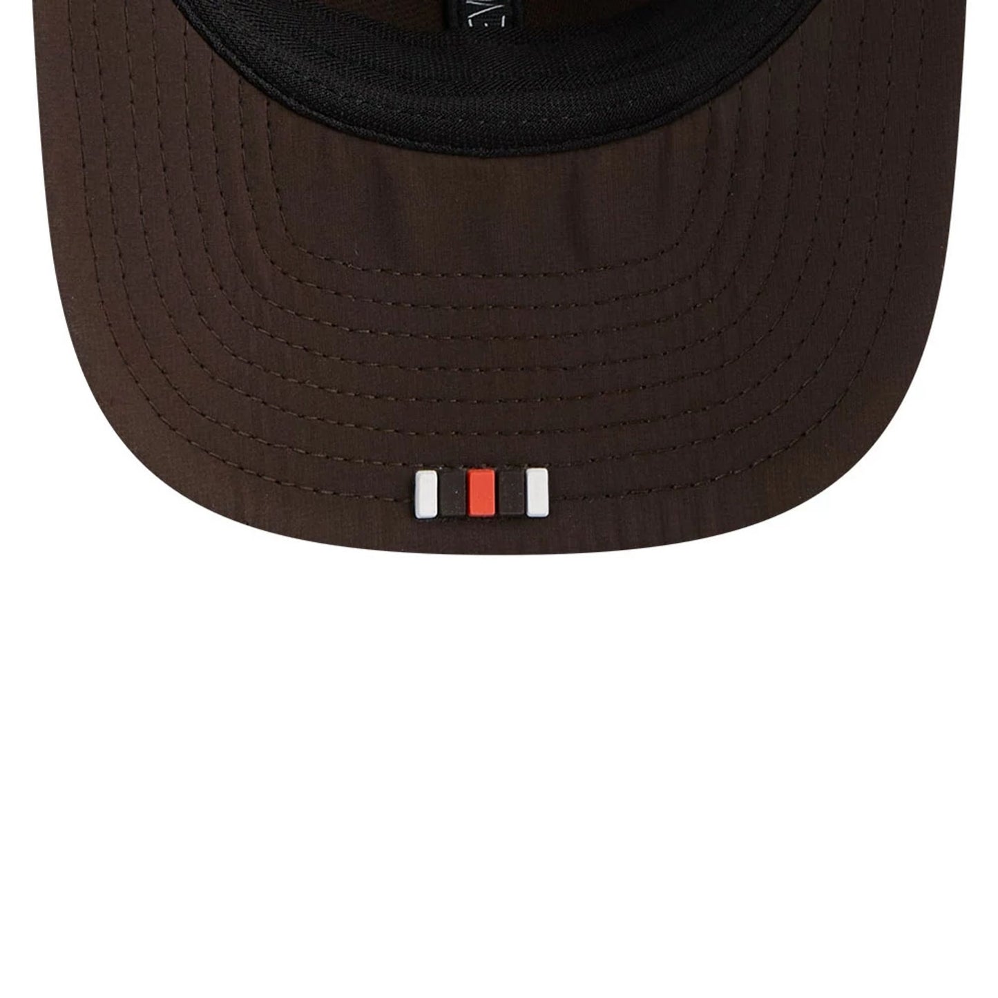 This is a Cleveland Browns NFL Sideline 2025 Dark Brown 9SEVENTY Trucker Stretch Snap Adjustable Cap 7