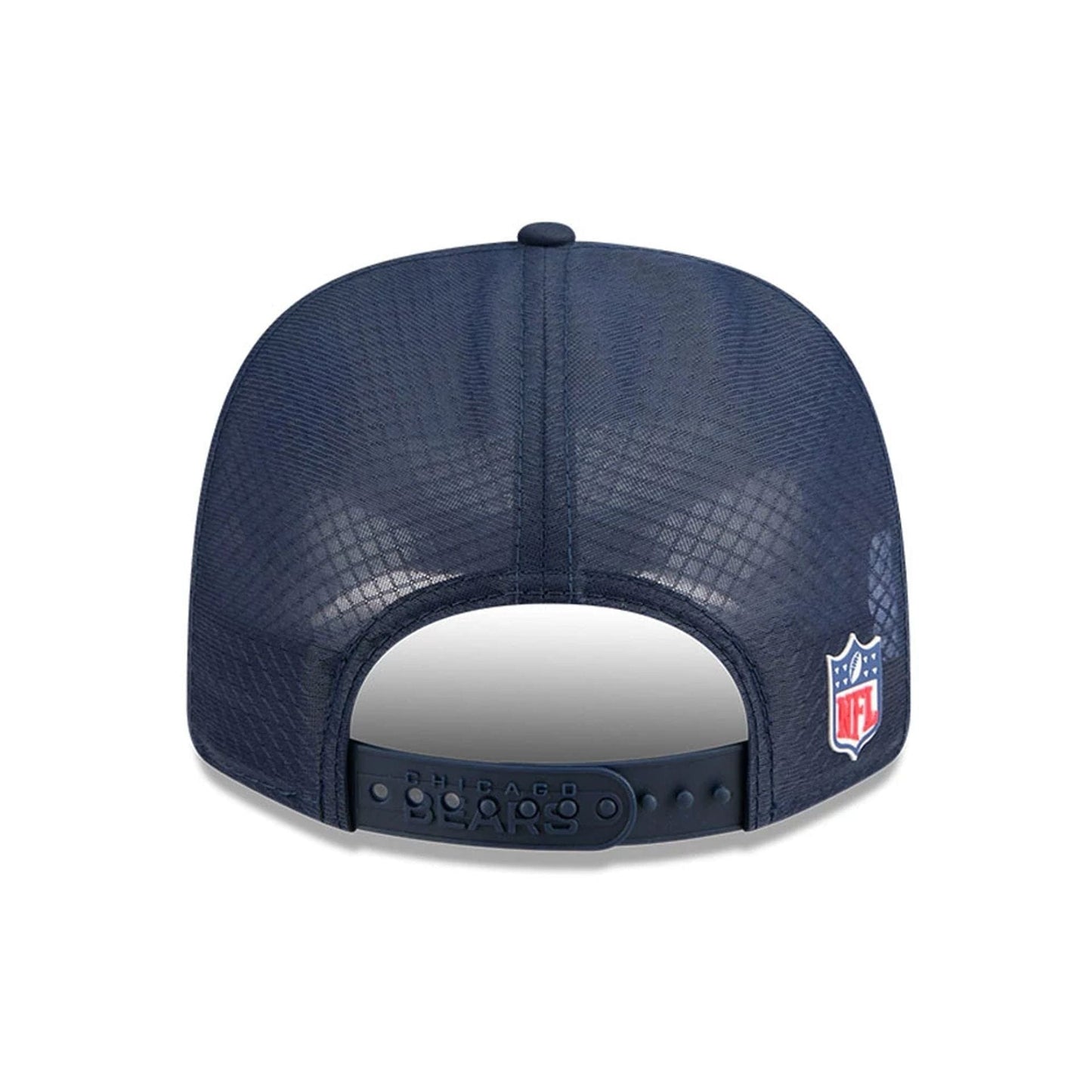 This is a Chicago Bears NFL Sideline 2025 Navy 9SEVENTY Trucker Stretch Snap Adjustable Cap 7