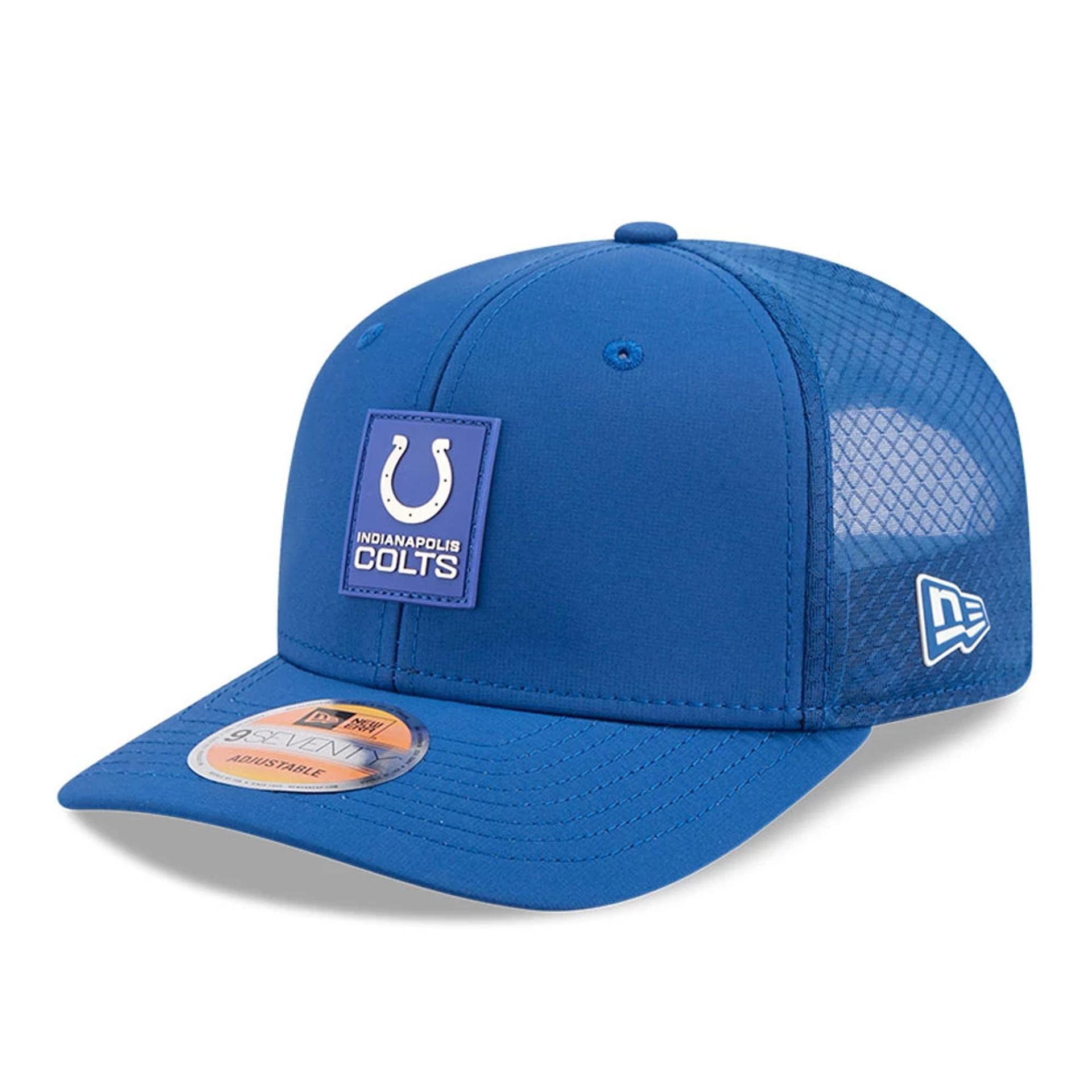 This is a Indianapolis Colts NFL Sideline 2025 Blue 9SEVENTY Trucker Stretch Snap Adjustable Cap 1