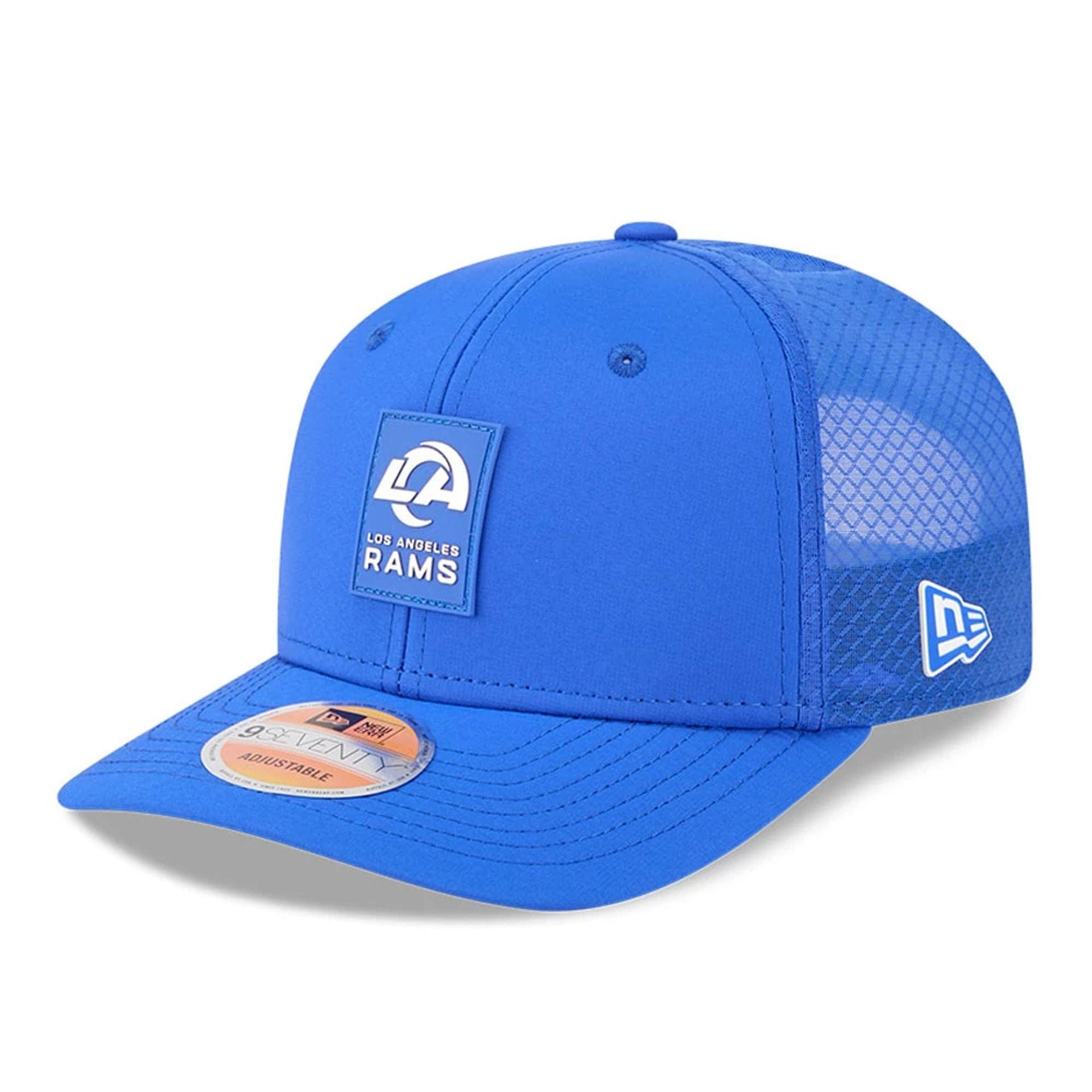 This is a LA Rams NFL Sideline 2025 Bright Blue 9SEVENTY Trucker Stretch Snap Adjustable Cap 1