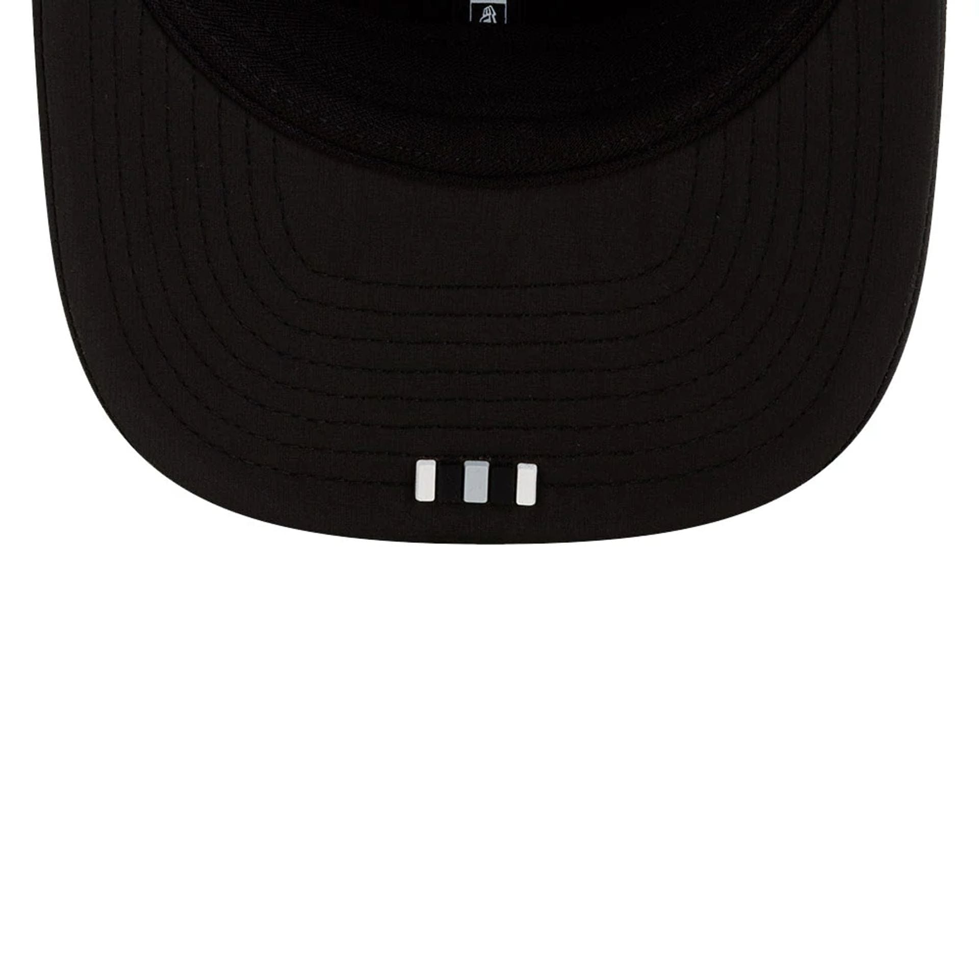 This is a Las Vegas Raiders NFL Sideline 2025 Black 9SEVENTY Trucker Stretch Snap Adjustable Cap 2