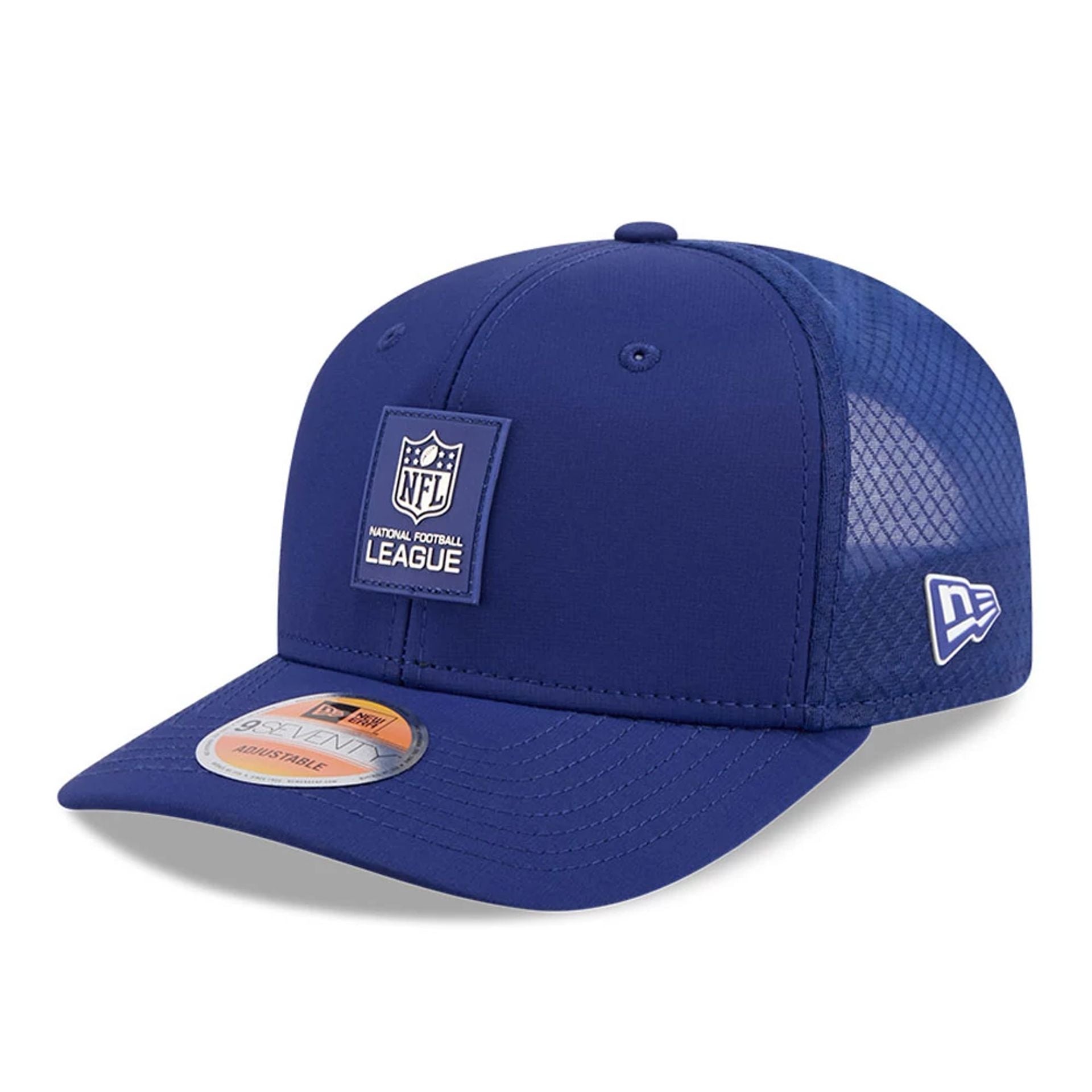 This is a NFL Official Logo NFL Sideline 2025 Blue 9SEVENTY Trucker Stretch Snap Adjustable Cap 1