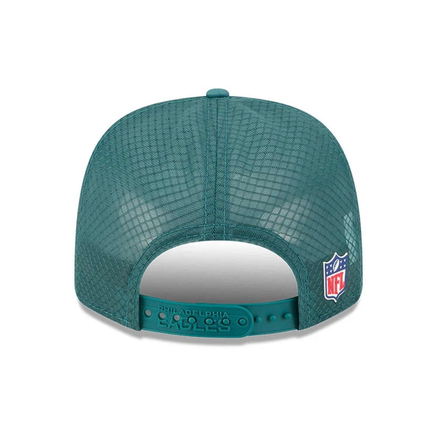 This is a Philadelphia Eagles NFL Sideline 2025 Dark Green 9SEVENTY Trucker Stretch Snap Adjustable Cap 7