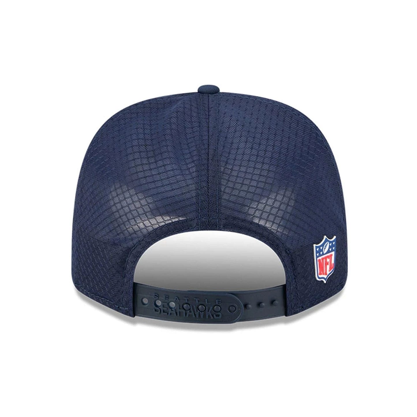 This is a Seattle Seahawks NFL Sideline 2025 Dark Blue 9SEVENTY Trucker Stretch Snap Adjustable Cap 7