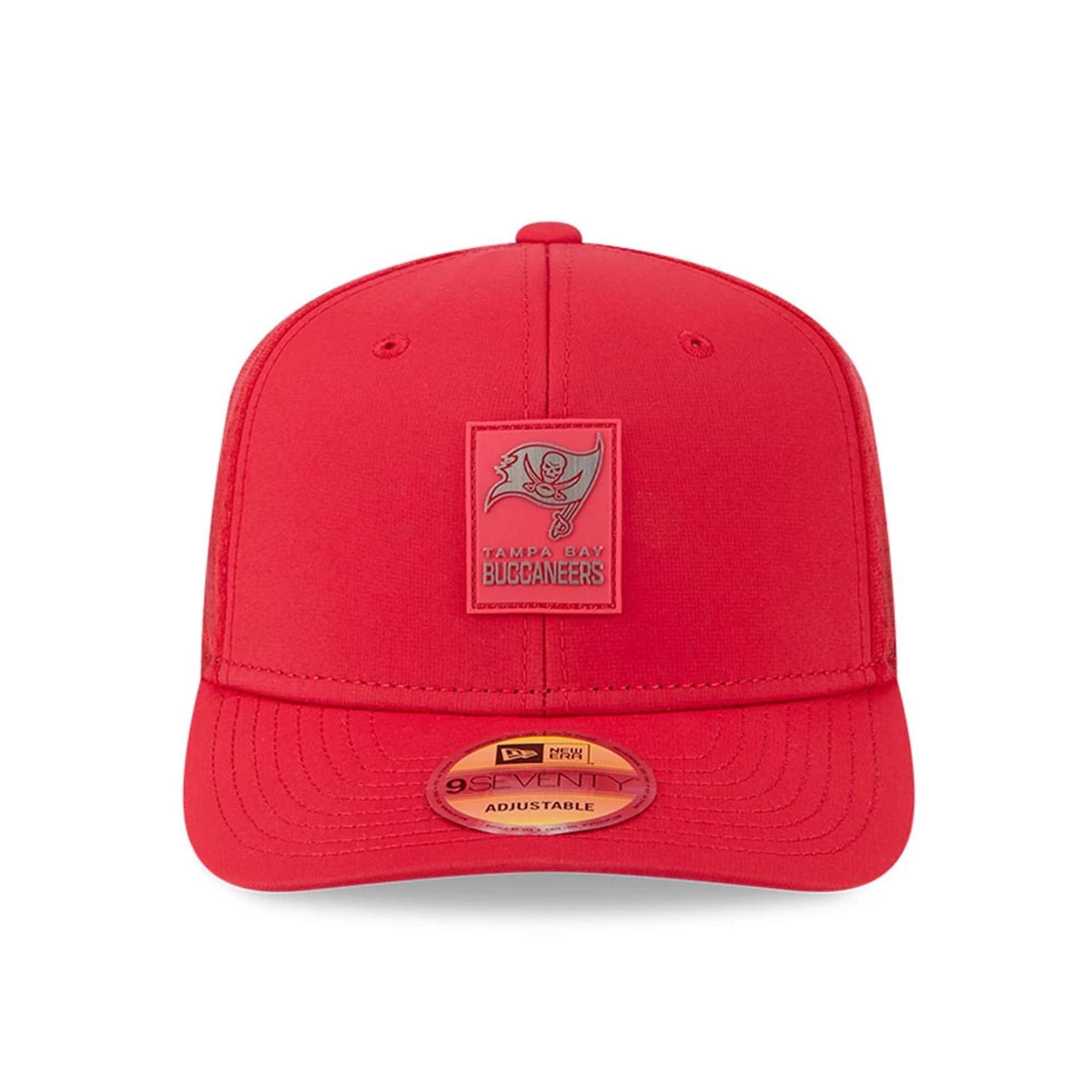 This is a Tampa Bay Buccaneers NFL Sideline 2025 Red 9SEVENTY Trucker Stretch Snap Adjustable Cap 2