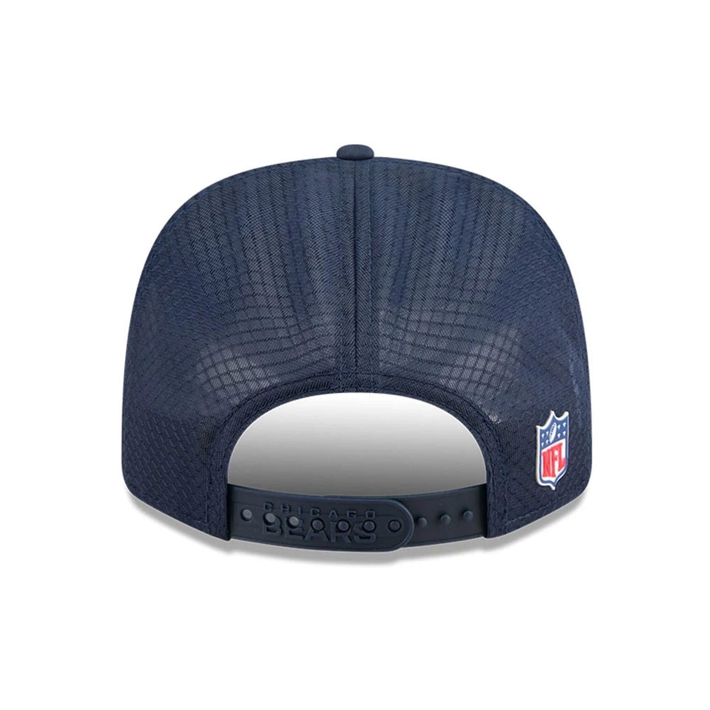 This is a Chicago Bears NFL Sideline 2025 Navy 9SEVENTY Trucker Stretch Snap Adjustable Cap 7