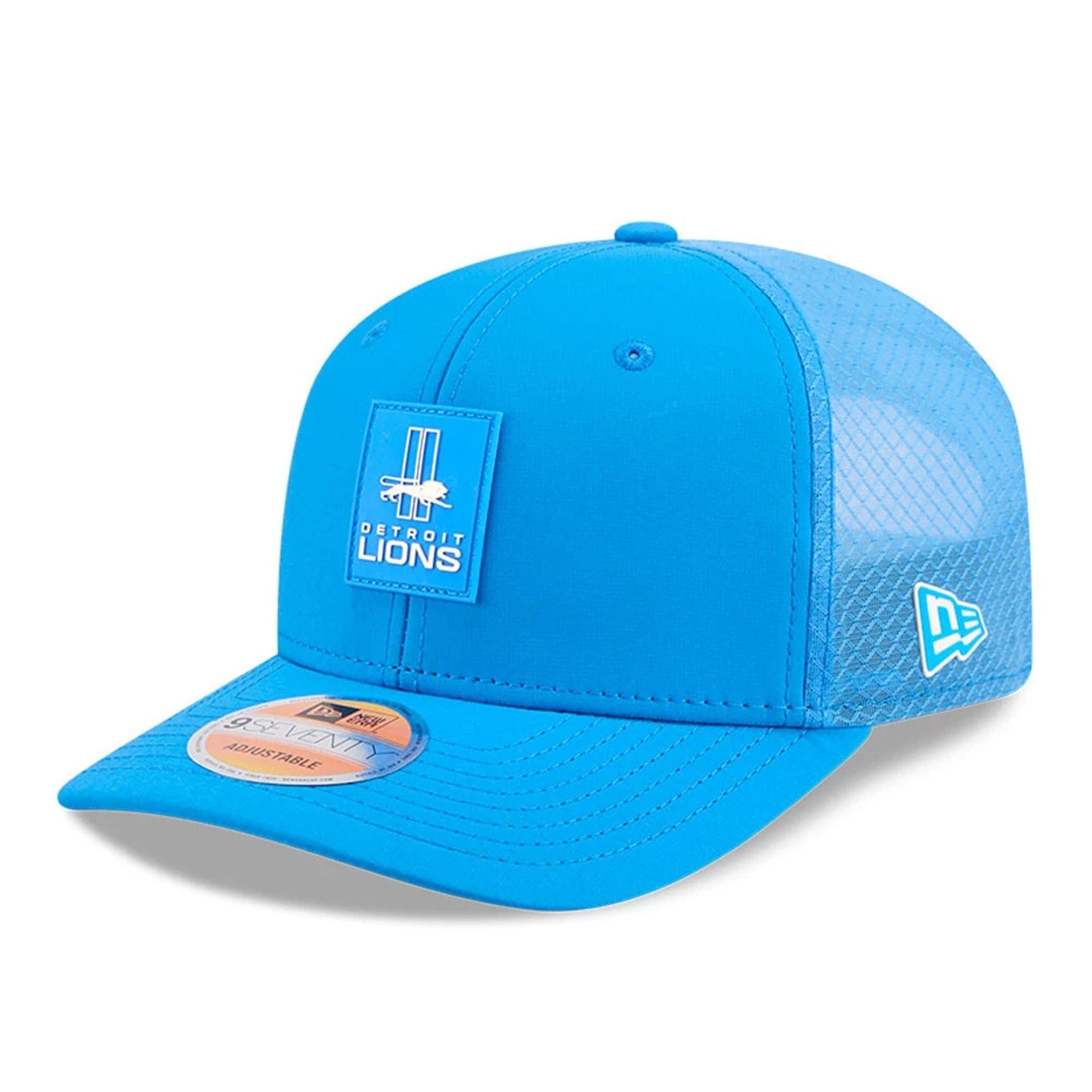 This is a Detroit Lions NFL Sideline 2025 Blue 9SEVENTY Trucker Stretch Snap Adjustable Cap 1