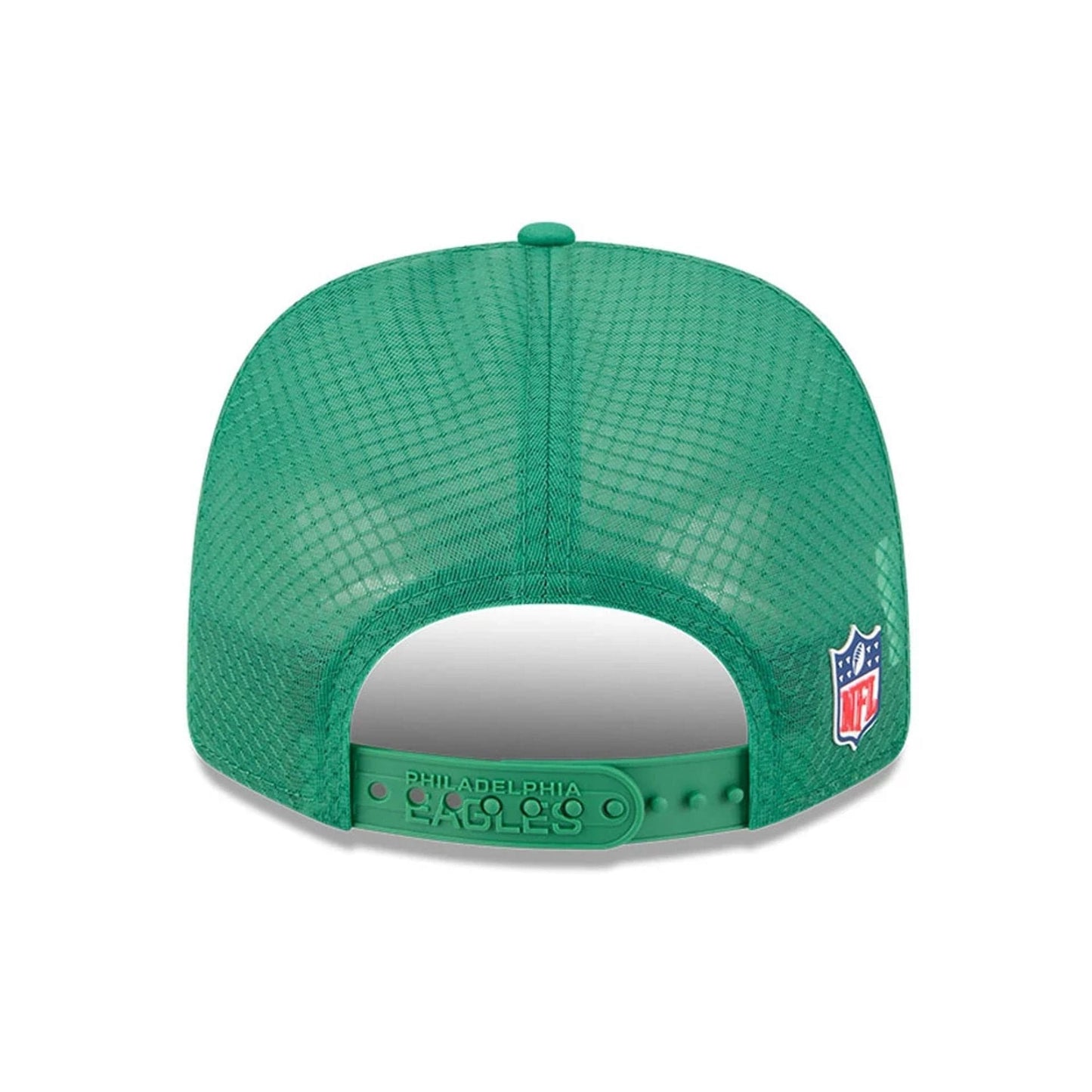 This is a Philadelphia Eagles NFL Sideline 2025 Green 9SEVENTY Trucker Stretch Snap Adjustable Cap 7