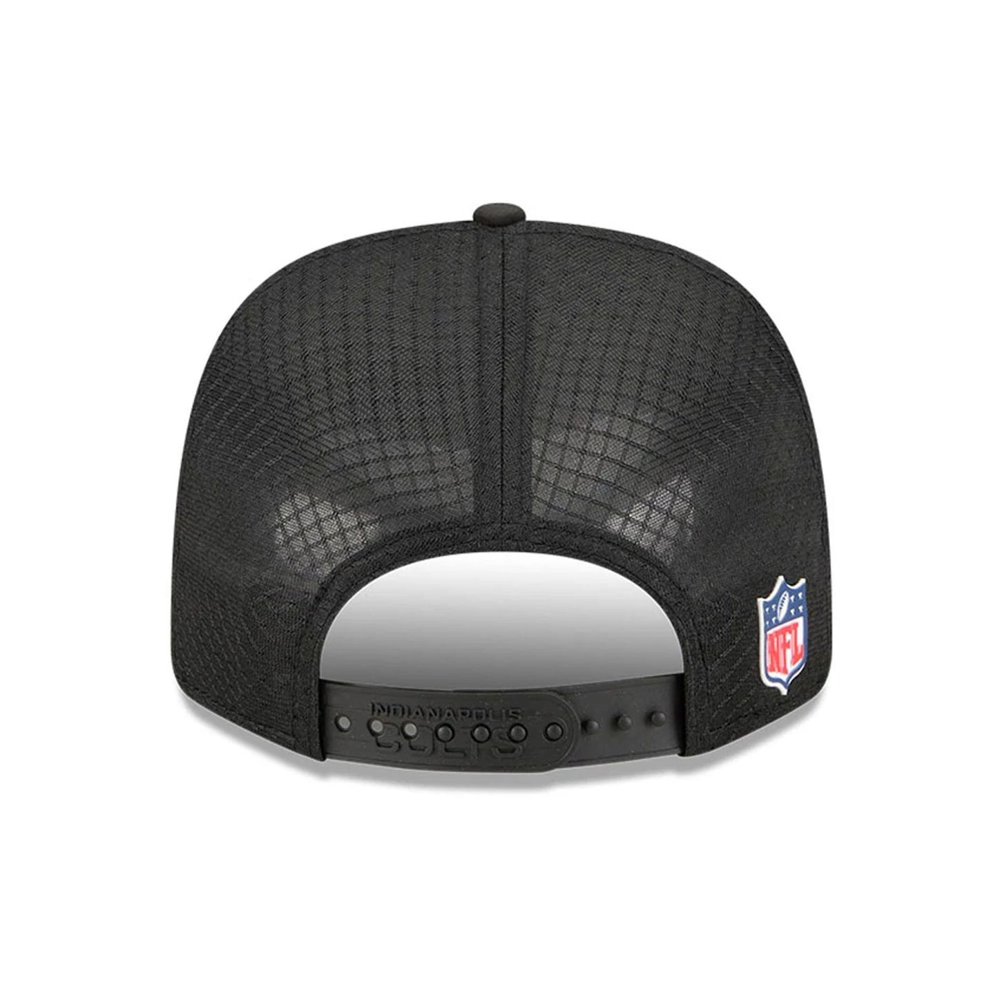 This is a Indianapolis Colts NFL Sideline 2025 Black 9SEVENTY Trucker Stretch Snap Adjustable Cap 7