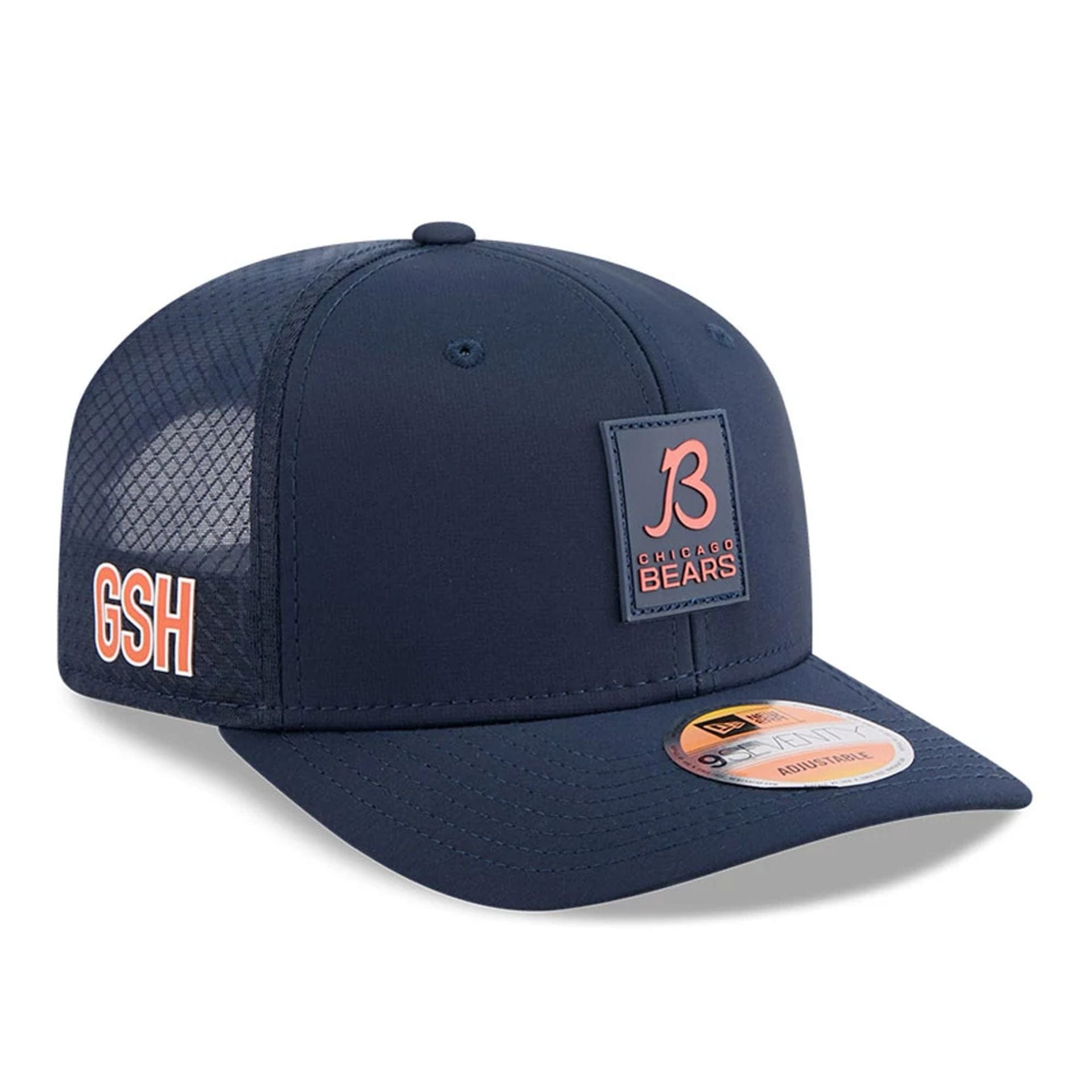This is a Chicago Bears NFL Sideline 2025 Navy 9SEVENTY Trucker Stretch Snap Adjustable Cap 1
