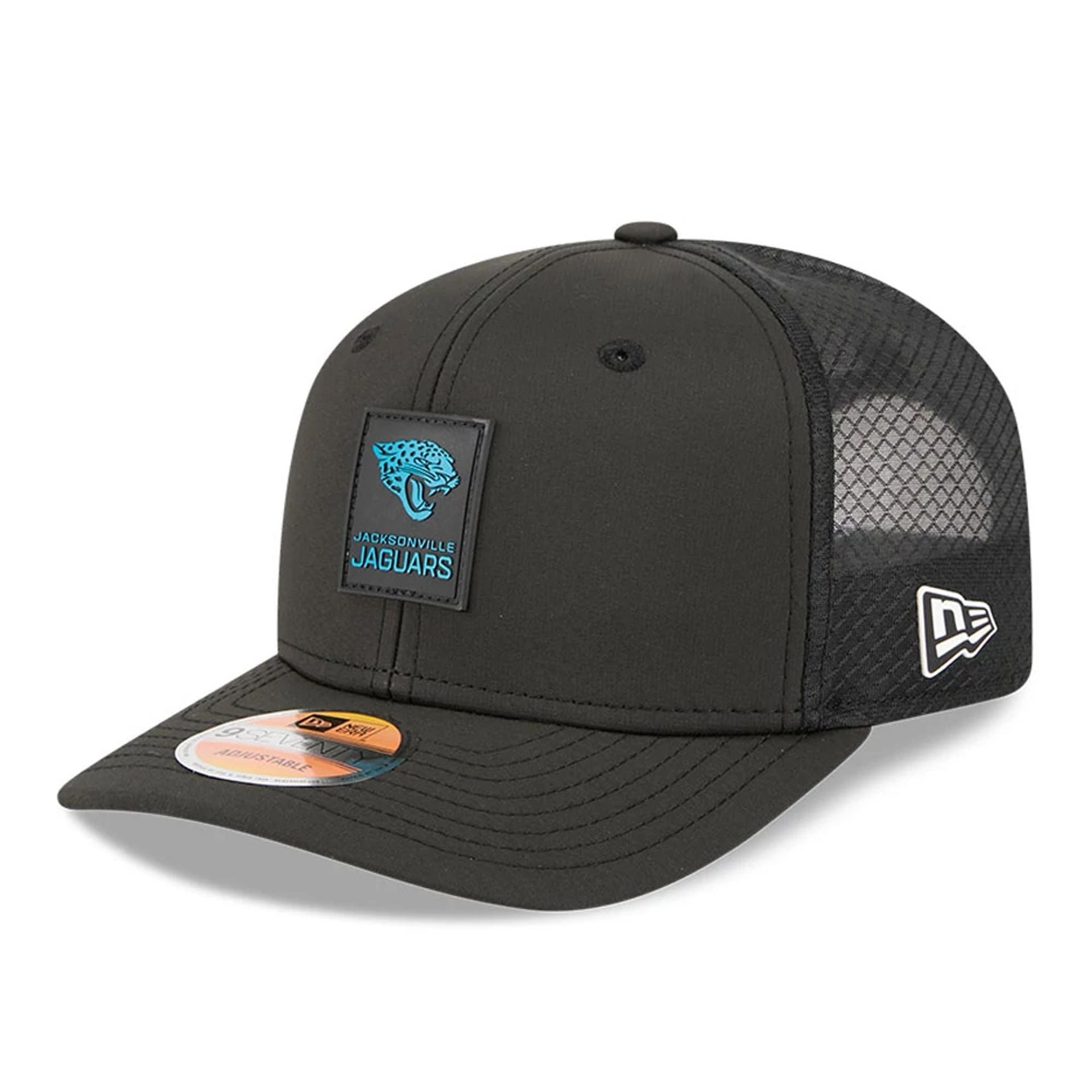 This is a Jacksonville Jaguars NFL Sideline 2025 Black 9SEVENTY Trucker Stretch Snap Adjustable Cap 1