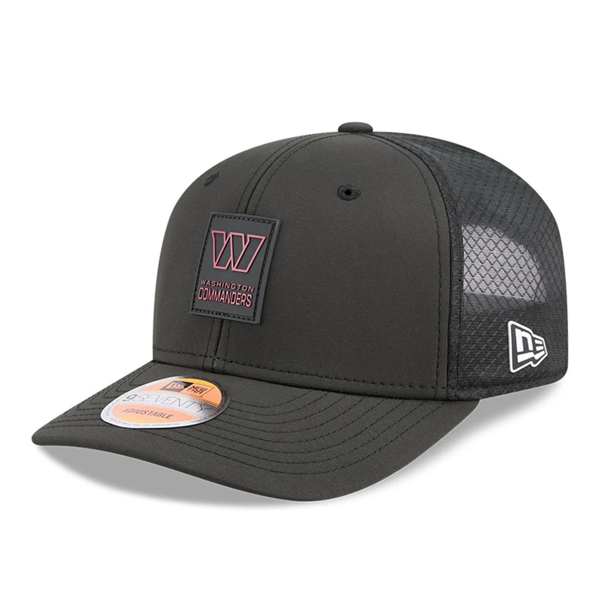 This is a Washington Commanders NFL Sideline 2025 Black 9SEVENTY Trucker Stretch Snap Adjustable Cap 1