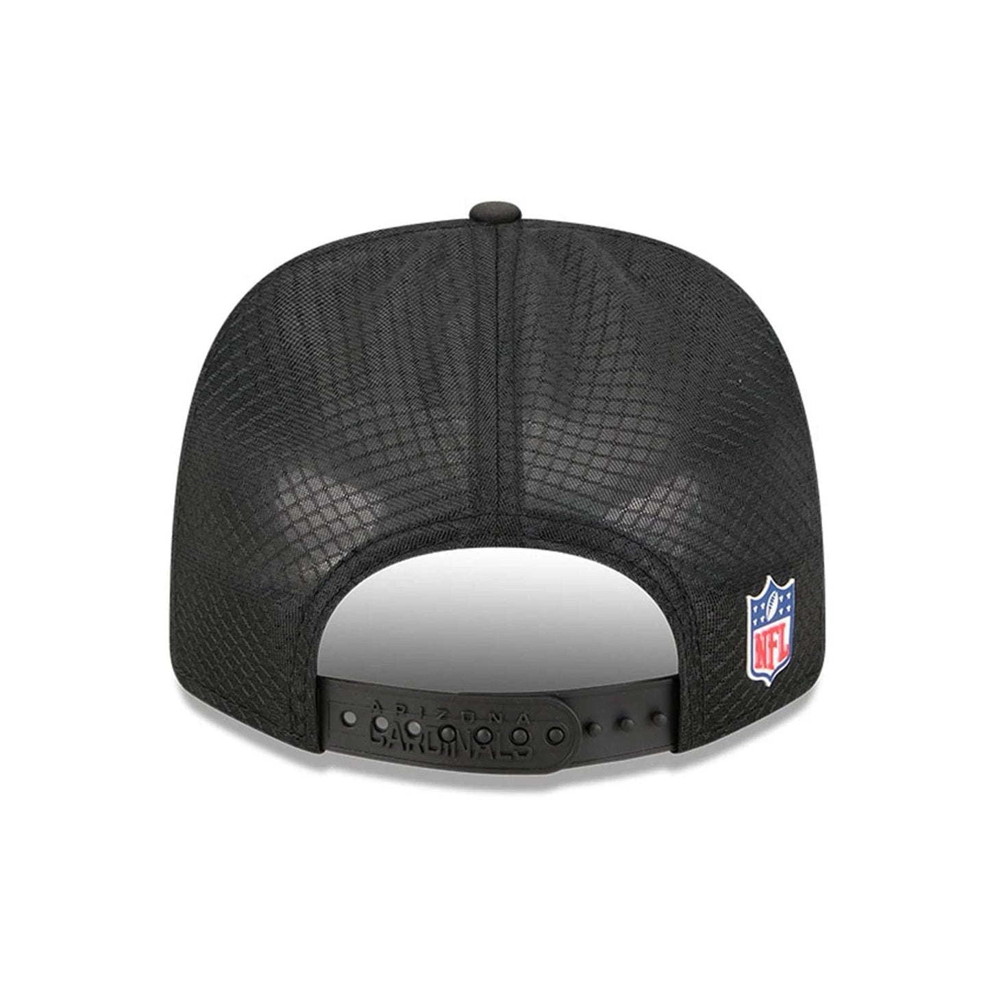 This is a Arizona Cardinals NFL Sideline 2025 Black 9SEVENTY Trucker Stretch Snap Adjustable Cap 7