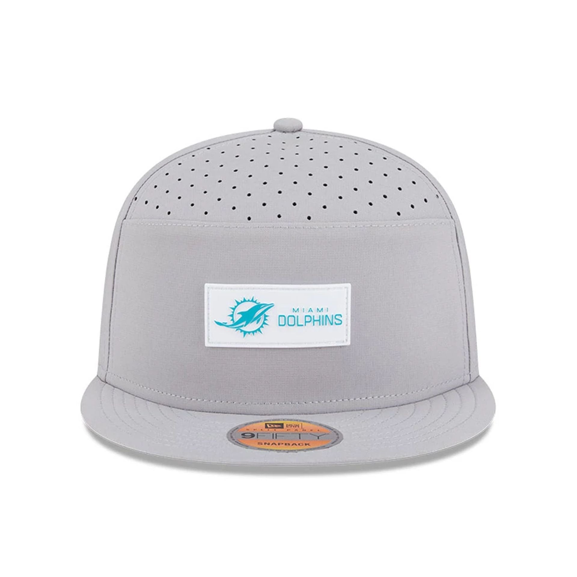 This is a Miami Dolphins NFL Sideline 2025 Grey 9FIFTY Split Panel Snapback Adjustable Cap 2