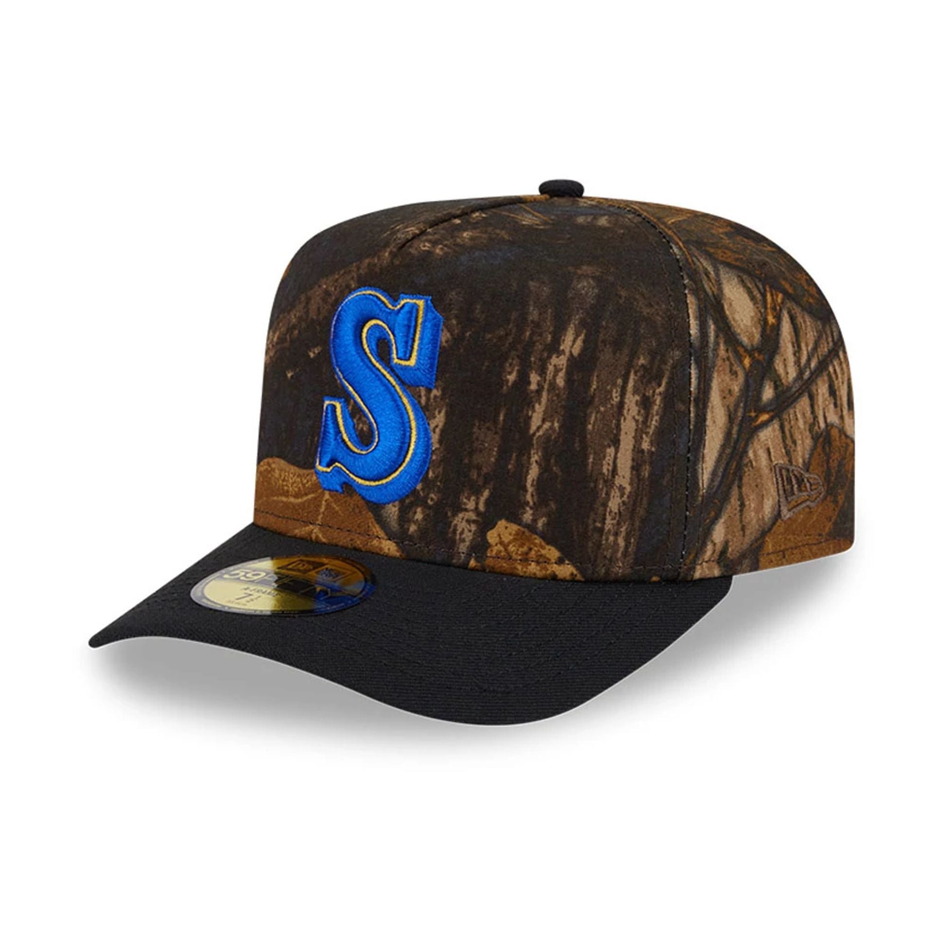 This is a Seattle Mariners MLB Ripstop Camo Assorted Print 59FIFTY A-Frame Fitted Cap 1