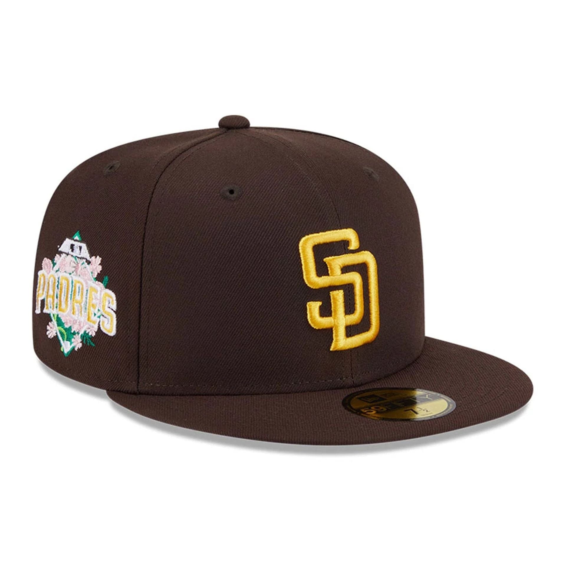 This is a San Diego Padres Floral Undervisor Dark Brown 59FIFTY Fitted Cap 1
