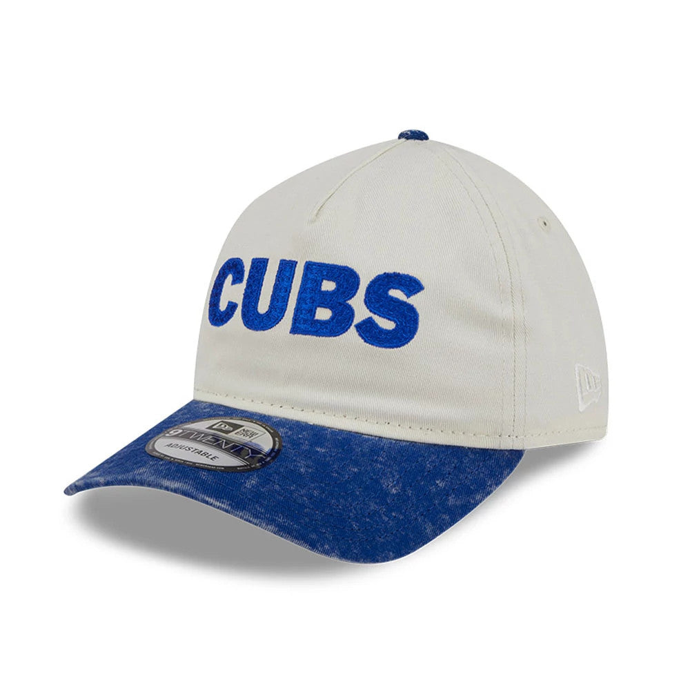 Chicago Cubs MLB SC Pastel White New Era 9TWENTY A-Frame Adjustable Cap, three-quarter view showing blue embroidered CUBS lettering on white front panels, tie-dye effect blue curved visor and size sticker.