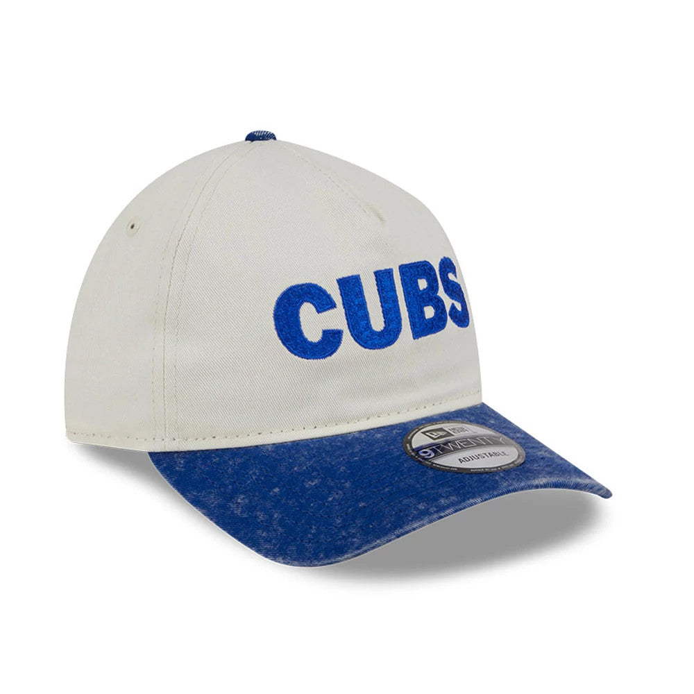 Chicago Cubs MLB SC Pastel White New Era 9TWENTY A-Frame Adjustable Cap, three-quarter view showing the blue embroidered CUBS logo on the front panel, with a distressed blue curved visor and 9TWENTY size sticker.