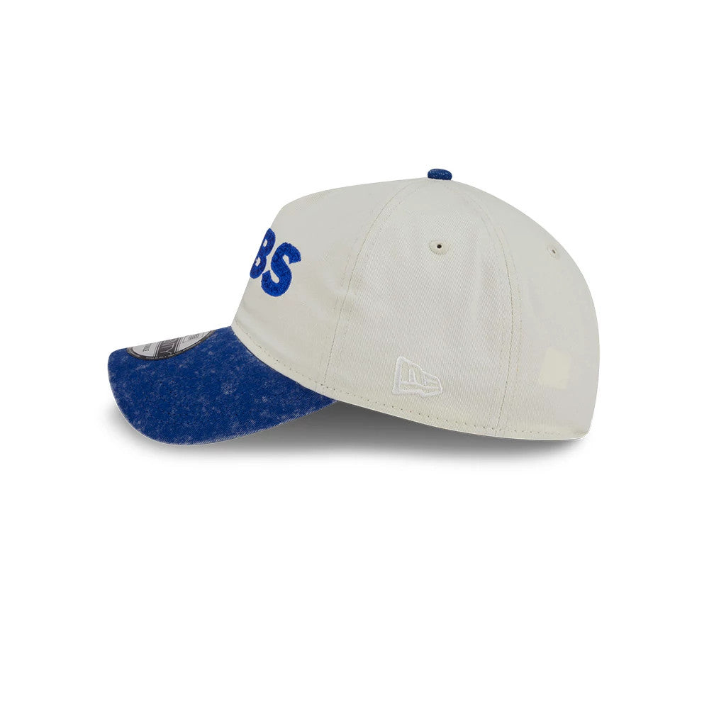 Chicago Cubs MLB SC Pastel White New Era 9TWENTY A-Frame Adjustable Cap, side view showing the white embroidered New Era flag logo on the left side, with a soft white crown and mottled blue curved visor.