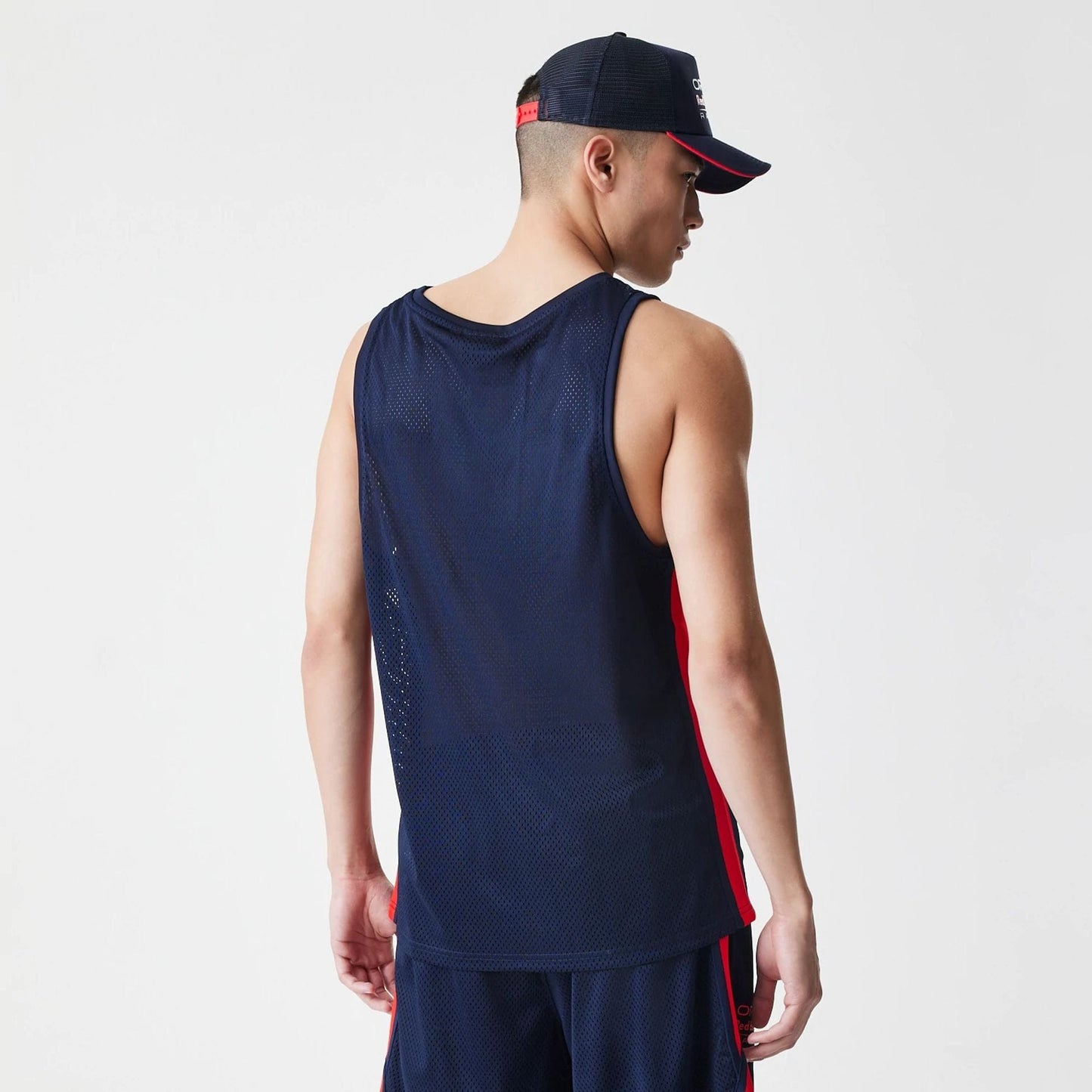 The Male model is wearing Red Bull Racing Basketball Mesh Dark Blue Sleeveless T-Shirt 8