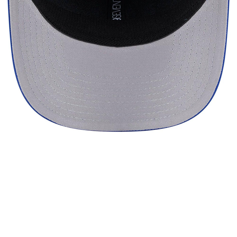 Buffalo Bills NFL Coach Blue New Era 9SEVENTY Stretch Snap Adjustable Cap, inside view showing the black sweatband, grey undervisor with blue trim, and the 9SEVENTY label on the taping across the centre.
