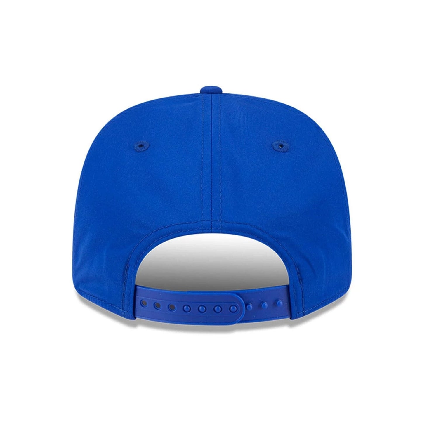 Buffalo Bills NFL Coach Blue New Era 9SEVENTY Stretch Snap Adjustable Cap, rear view showing the adjustable blue snap closure and a structured crown with matching eyelets and top button.