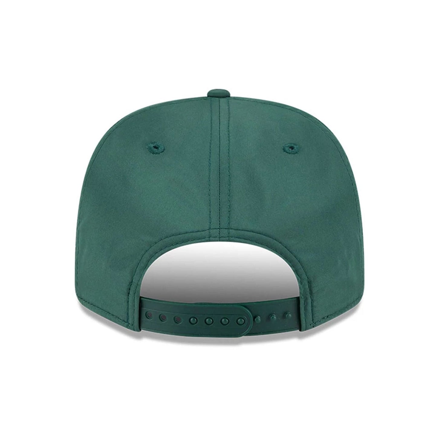 Green Bay Packers NFL Coach Dark Green New Era 9SEVENTY Stretch Snap Adjustable Cap, rear view showing the adjustable dark green snap closure and two embroidered eyelets on the dark green structured crown.