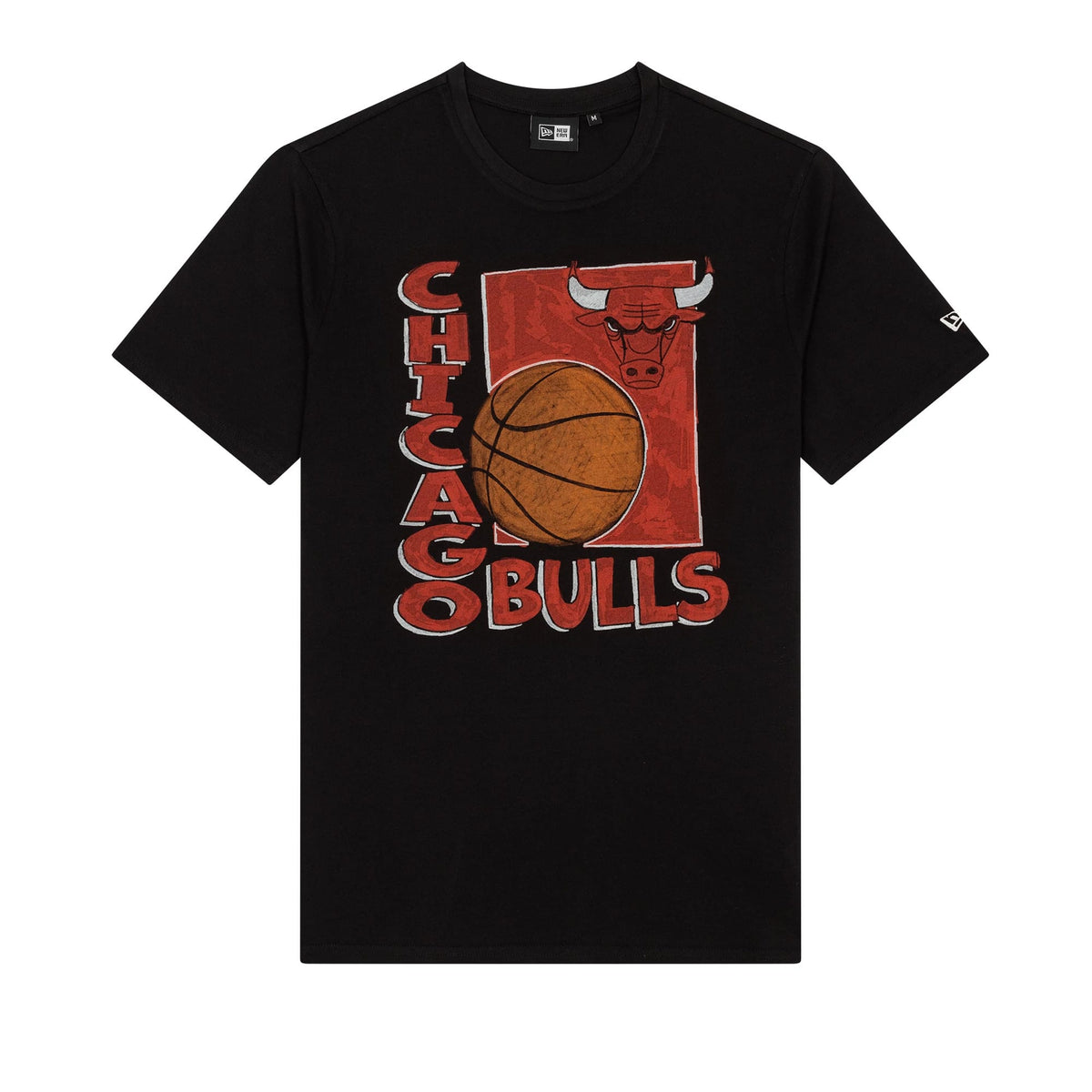 New Era Chicago Bulls NBA Basketball Script Black T-Shirt, front view featuring a large graphic with a red block, bull's head, basketball and lettering, and an embroidered New Era logo on the left sleeve.