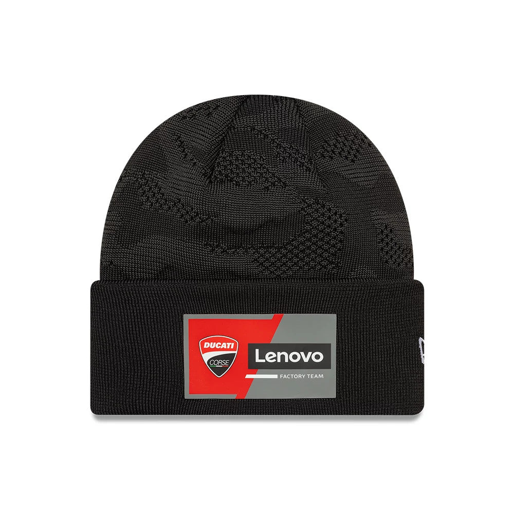 New Era Ducati Team Black Cuff Knit Beanie Hat, front view showing the Ducati Corse and Lenovo logos on a grey and red patch on the cuff, with a textured pattern on the black knit fabric.