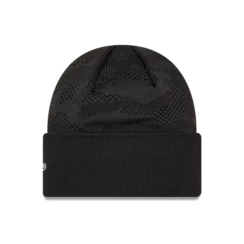 New Era Ducati Team Black Cuff Knit Beanie Hat, front view showing the knit pattern on the upper section above a solid black cuff with the New Era flag logo embroidered on the left side.