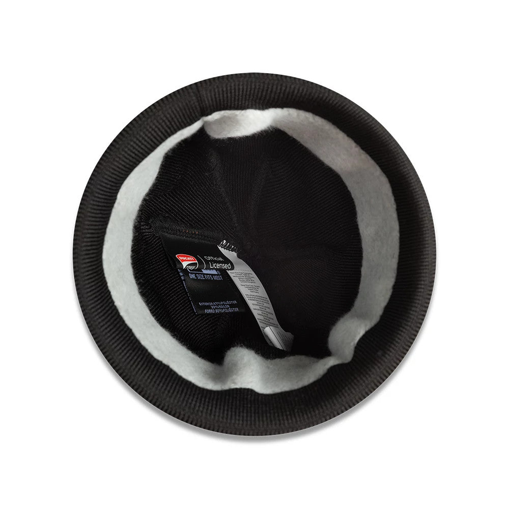 New Era Ducati Team Black Cuff Knit Beanie Hat, inside view showing the black interior lining with a grey fleece band, featuring a size label and details tag on the seam.