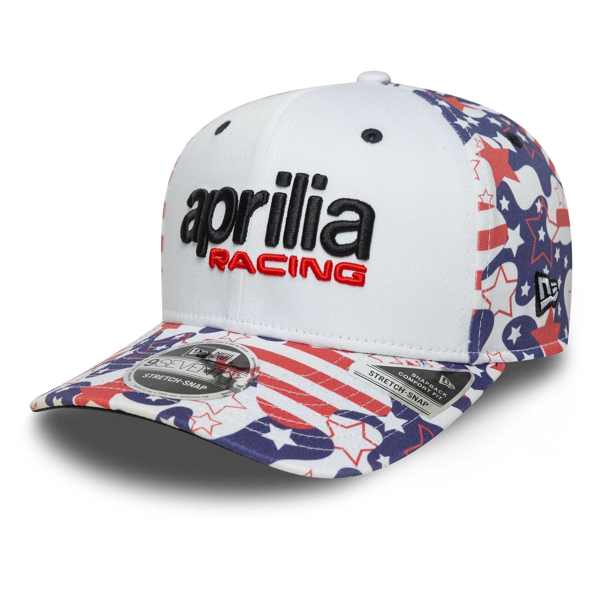 This is a Aprilia Austin Race Special White 9SEVENTY Stretch Snap Adjustable Cap 1