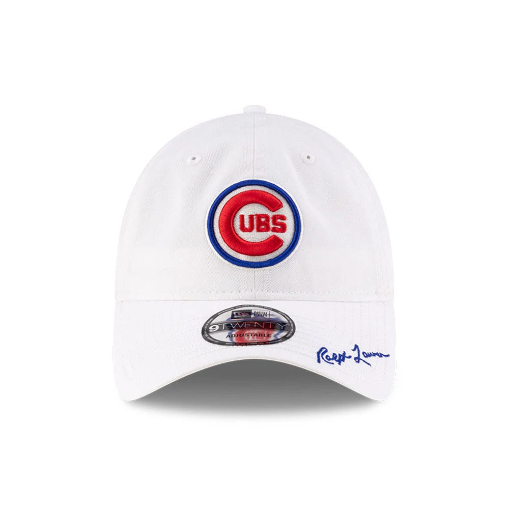 Chicago Cubs Ralph Lauren X MLB Open White New Era 9TWENTY Adjustable Cap, front view showing raised red and blue Cubs logo on the front panel, with a 9TWENTY size sticker on the curved visor and blue Ralph Lauren script on the edge.