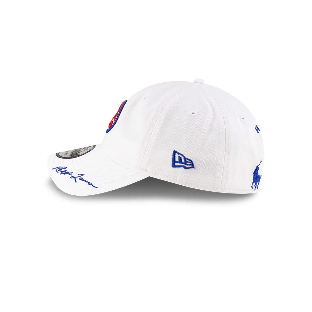 Chicago Cubs Ralph Lauren X MLB Open White New Era 9TWENTY Adjustable Cap, side view with blue embroidered New Era flag logo and Polo player on the white crown, complemented by a Ralph Lauren signature on the curved visor.
