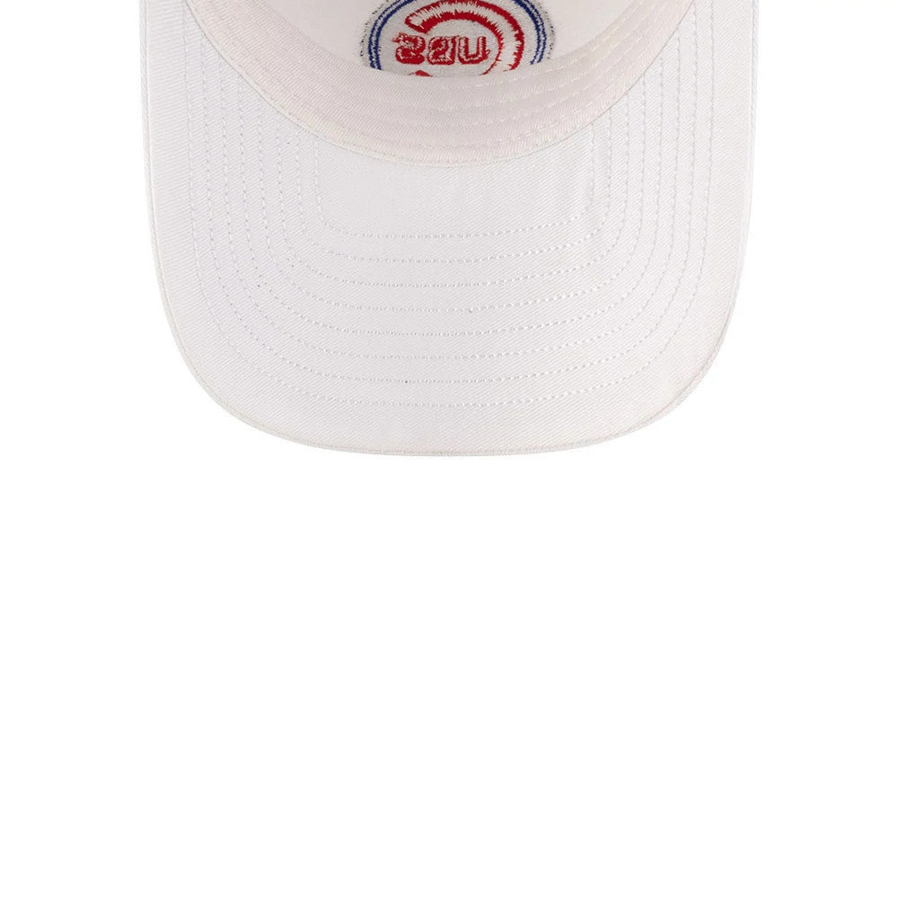 Chicago Cubs Ralph Lauren X MLB Open White New Era 9TWENTY Adjustable Cap, inside view showing the red and blue embroidered logo on the white undervisor and detailed stitching on the visor.