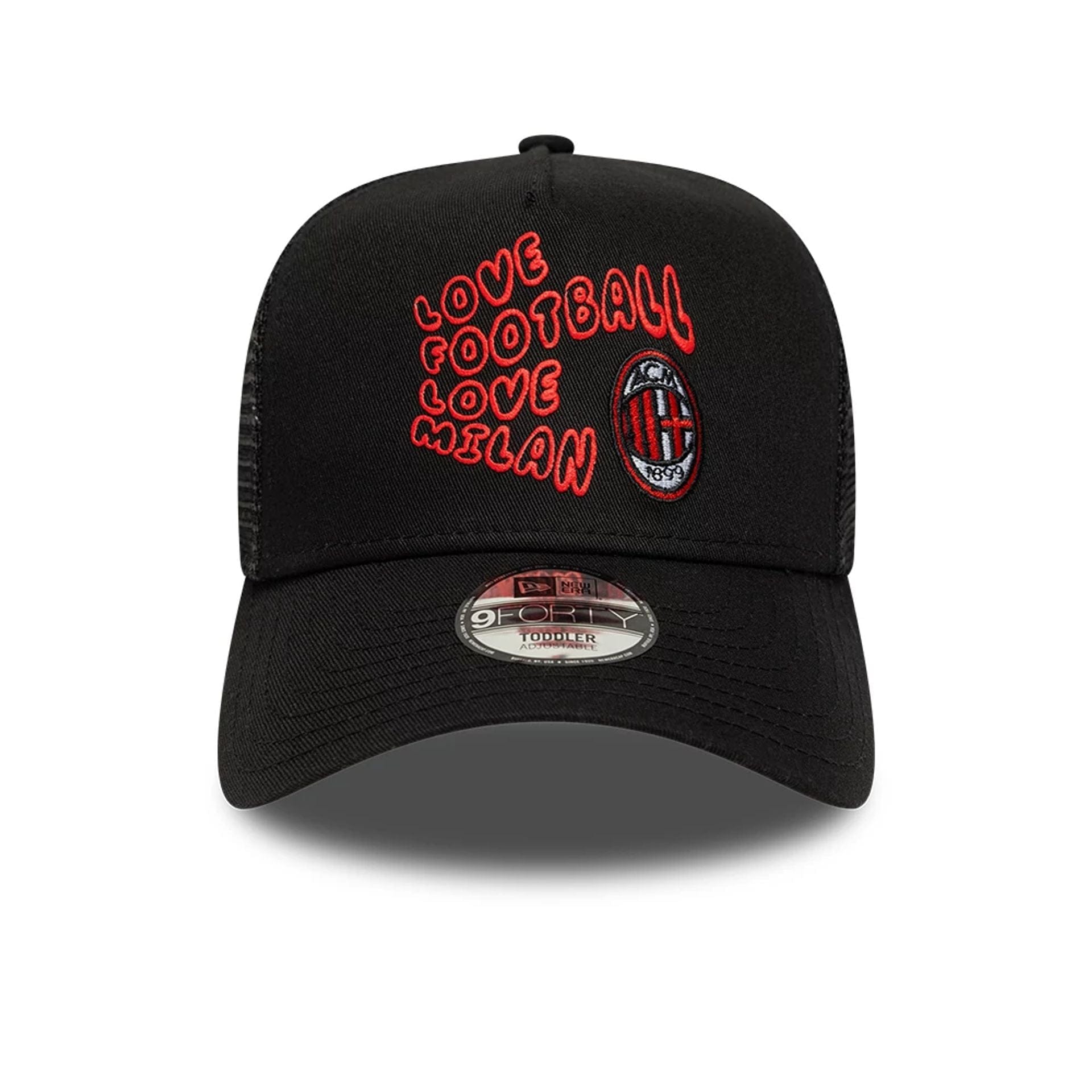 This is a AC Milan Youth Puff Print Black 9FORTY A-Frame Trucker Adjustable Cap 2