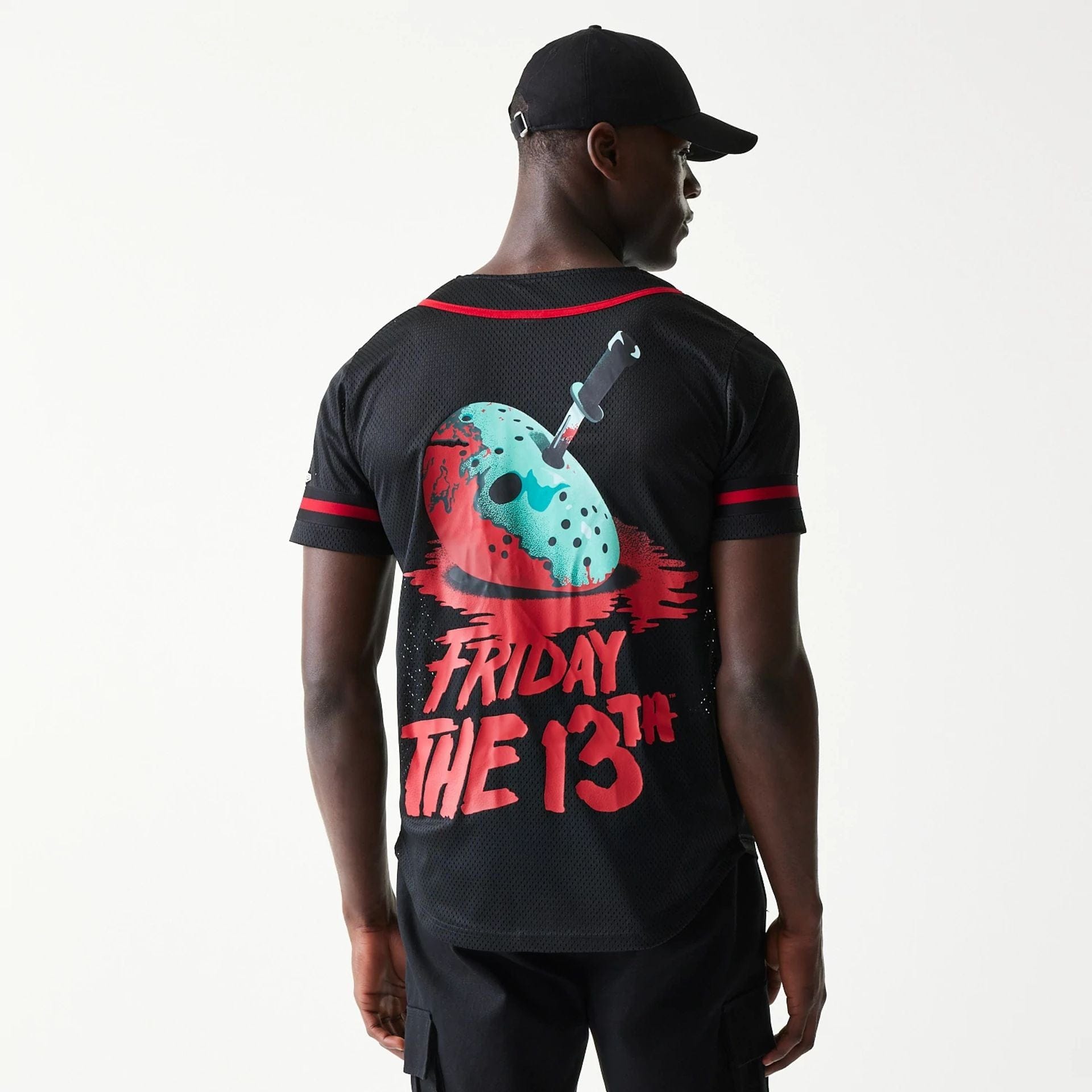 The Male model is wearing Friday The 13Th Black Jersey 2