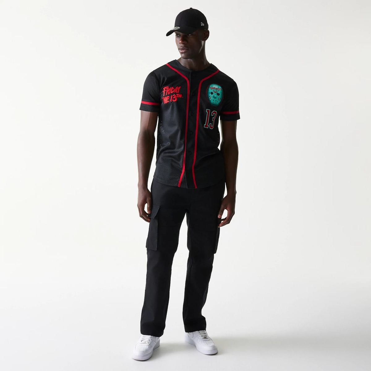 The Male model is wearing Friday The 13Th Black Jersey 8