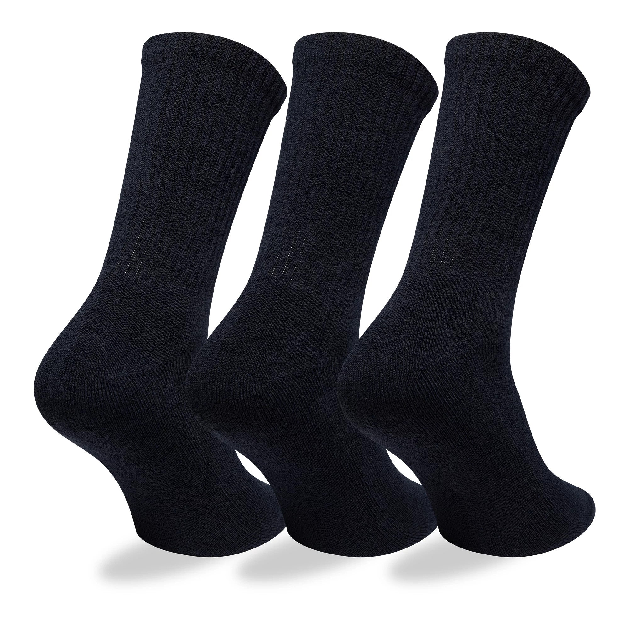 New Era Alpine Racing Alpine Logo Navy 3 Pack Crew Socks, side view displaying three pairs of plain navy socks in a slightly angled arrangement, highlighting their clean lines and modern silhouette.
