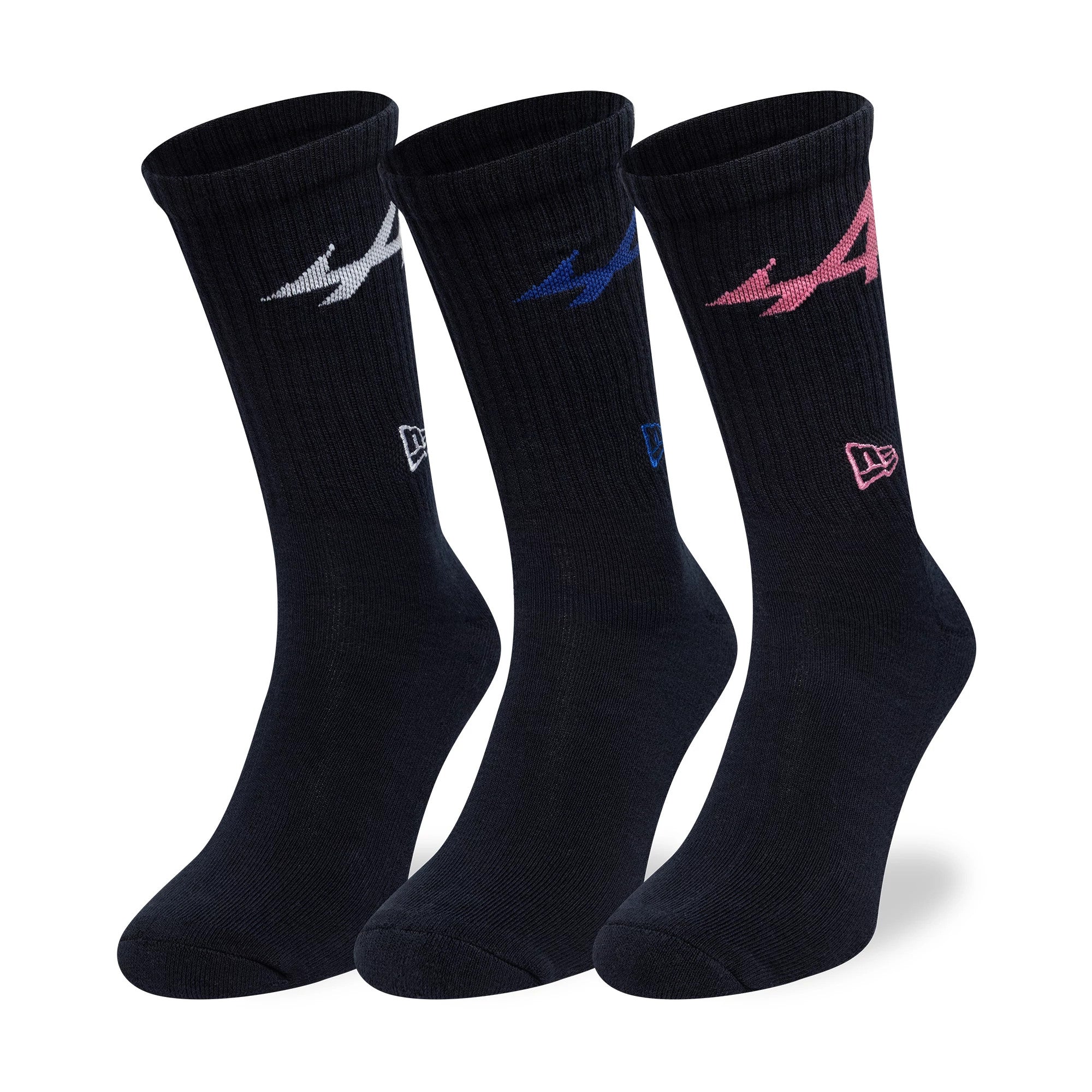 New Era Alpine Racing Alpine Logo Navy 3 Pack Crew Socks, front view showing three pairs of navy socks each with a different embroidered Alpine logo in white, blue, and pink, and the New Era logo positioned above the ankle.
