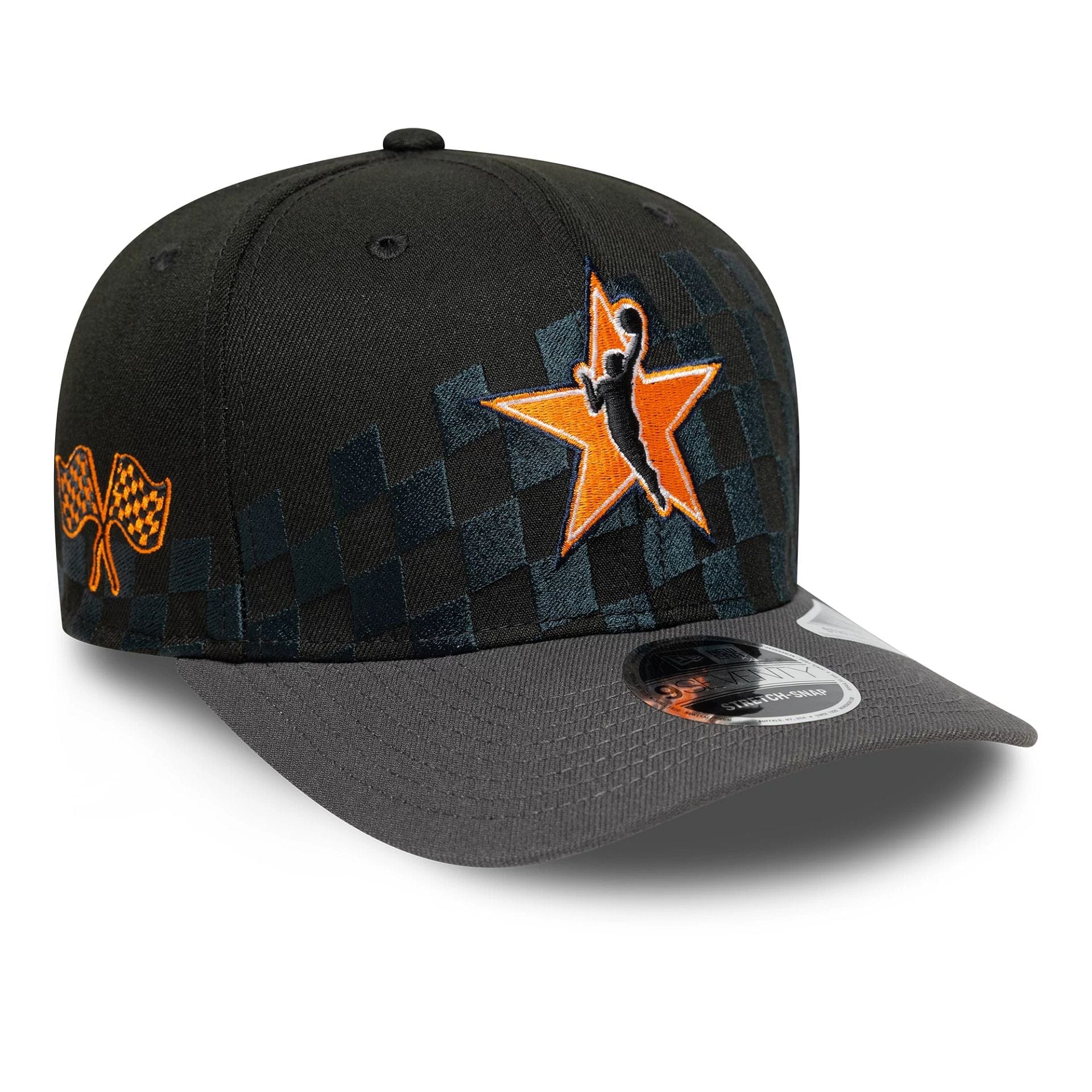 This is a WNBA 2025 All Star Game Logo Black 9SEVENTY Stretch Snap Adjustable Cap 1
