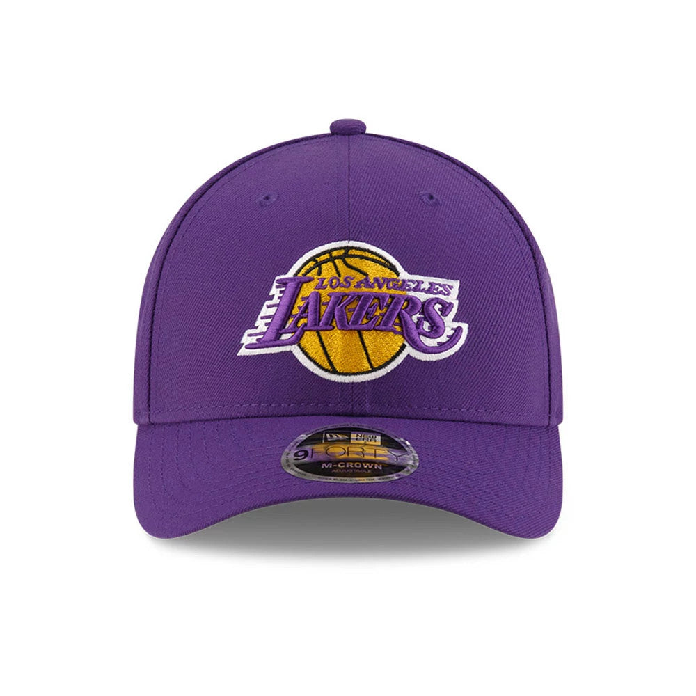 LA Lakers NBA Team Purple New Era 9FORTY M-Crown Adjustable Cap, front view showing the raised embroidered Lakers logo in yellow and purple on the front panel, with a curved visor and 9FORTY size sticker.