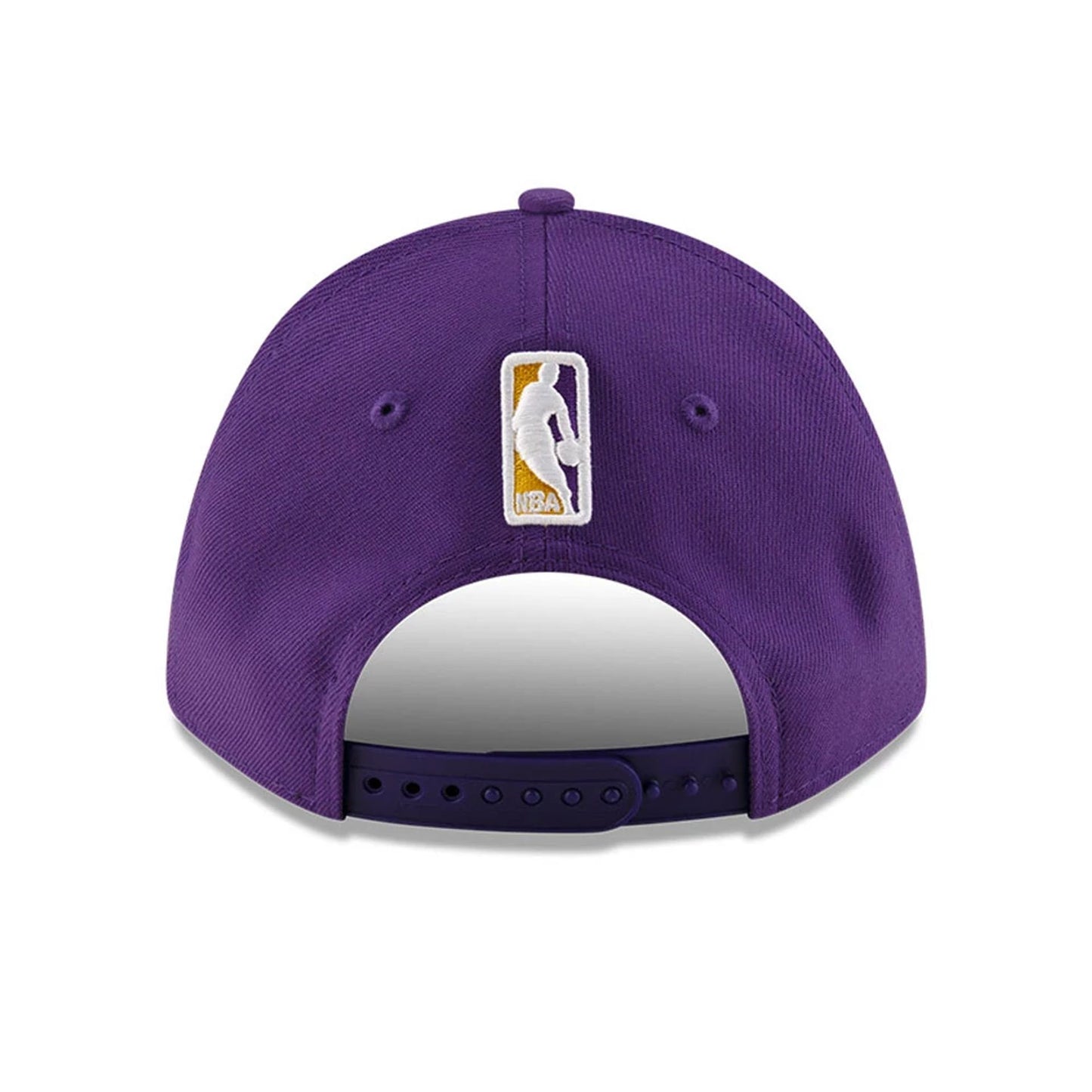 LA Lakers NBA Team Purple New Era 9FORTY M-Crown Adjustable Cap, rear view showing the embroidered NBA logo at the centre of the back panels above the adjustable strap, set on a deep purple structured crown.