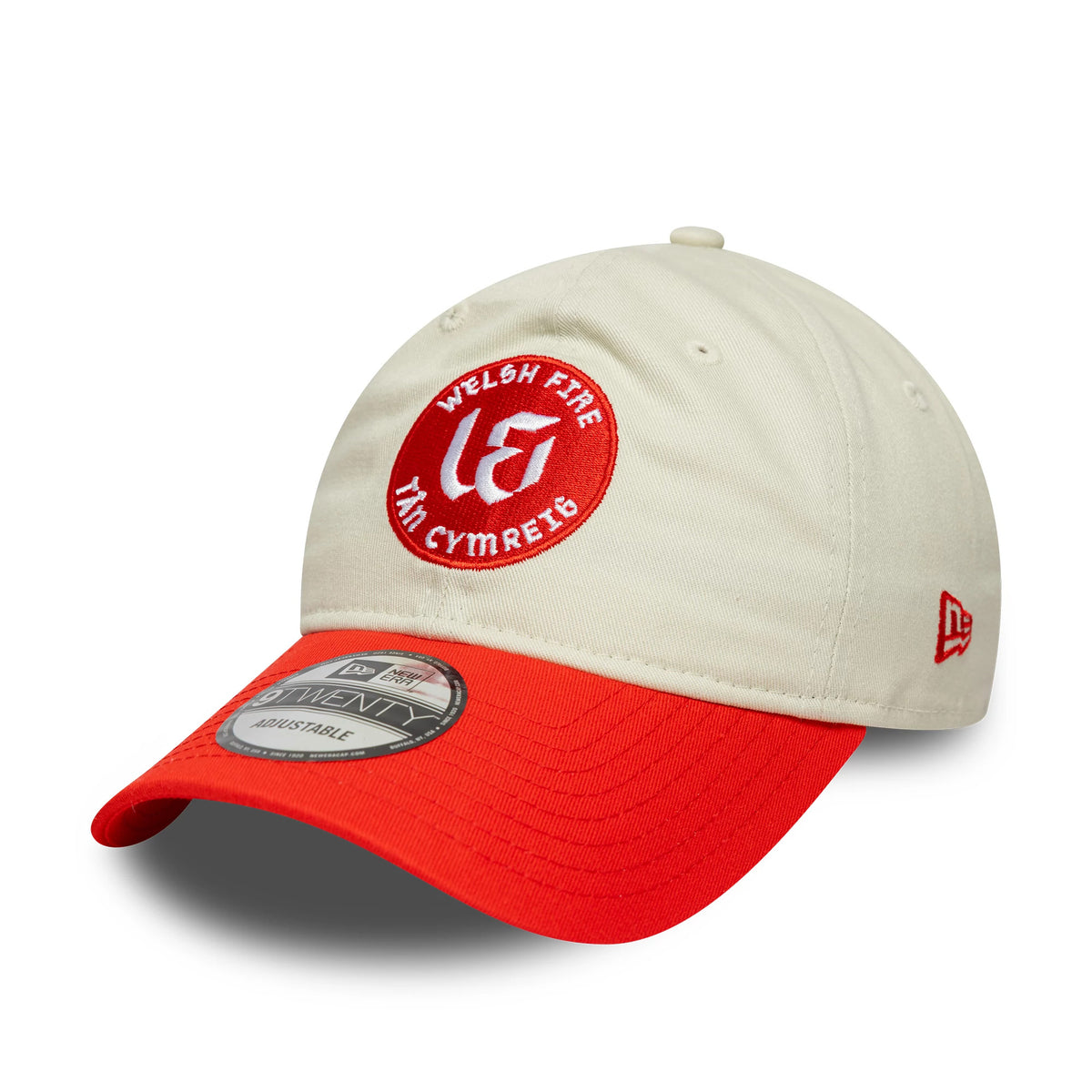 Welsh Fire Tan Cymreig The Hundred 2025 Contrast Light Beige New Era 9TWENTY Adjustable Cap, front view showing a red embroidered Welsh Fire logo on the tan crown, with a red curved visor and 9TWENTY size sticker.