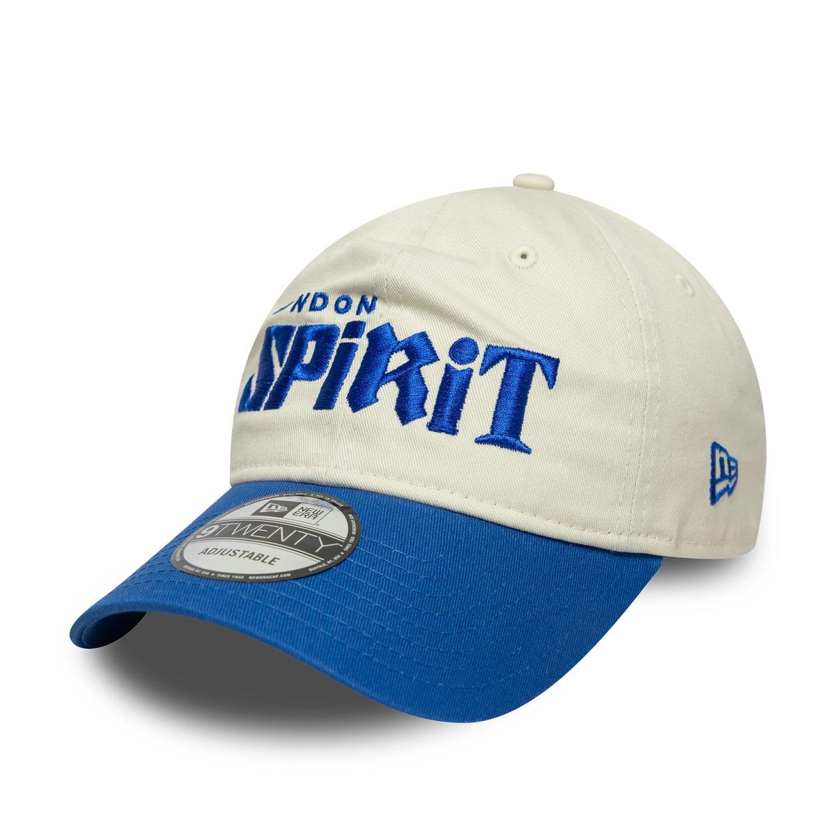 London Spirit The Hundred 2025 Contrast Light Beige New Era 9TWENTY Adjustable Cap, front view showing raised blue embroidered Spirit logo on the light beige crown, contrast royal blue curved visor, and the 9TWENTY size sticker.