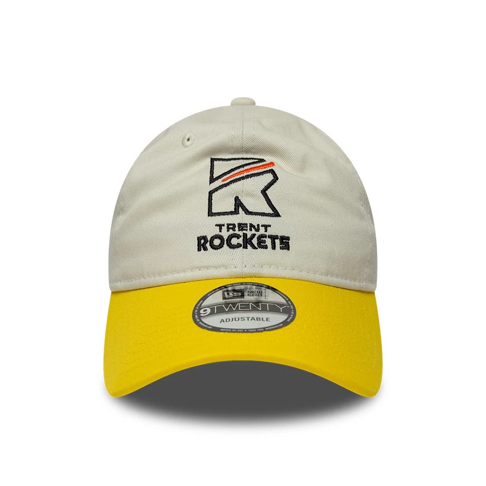 Pictured is this Trent Rockets The Hundred 2025 9TWENTY Adjustable Cap in light beige & yellow. 2