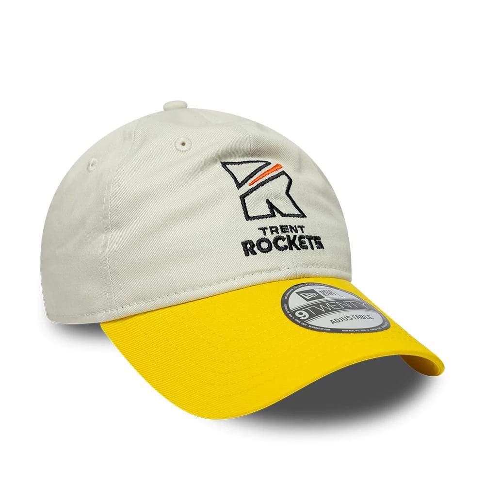 Pictured is this Trent Rockets The Hundred 2025 9TWENTY Adjustable Cap in light beige & yellow. 3